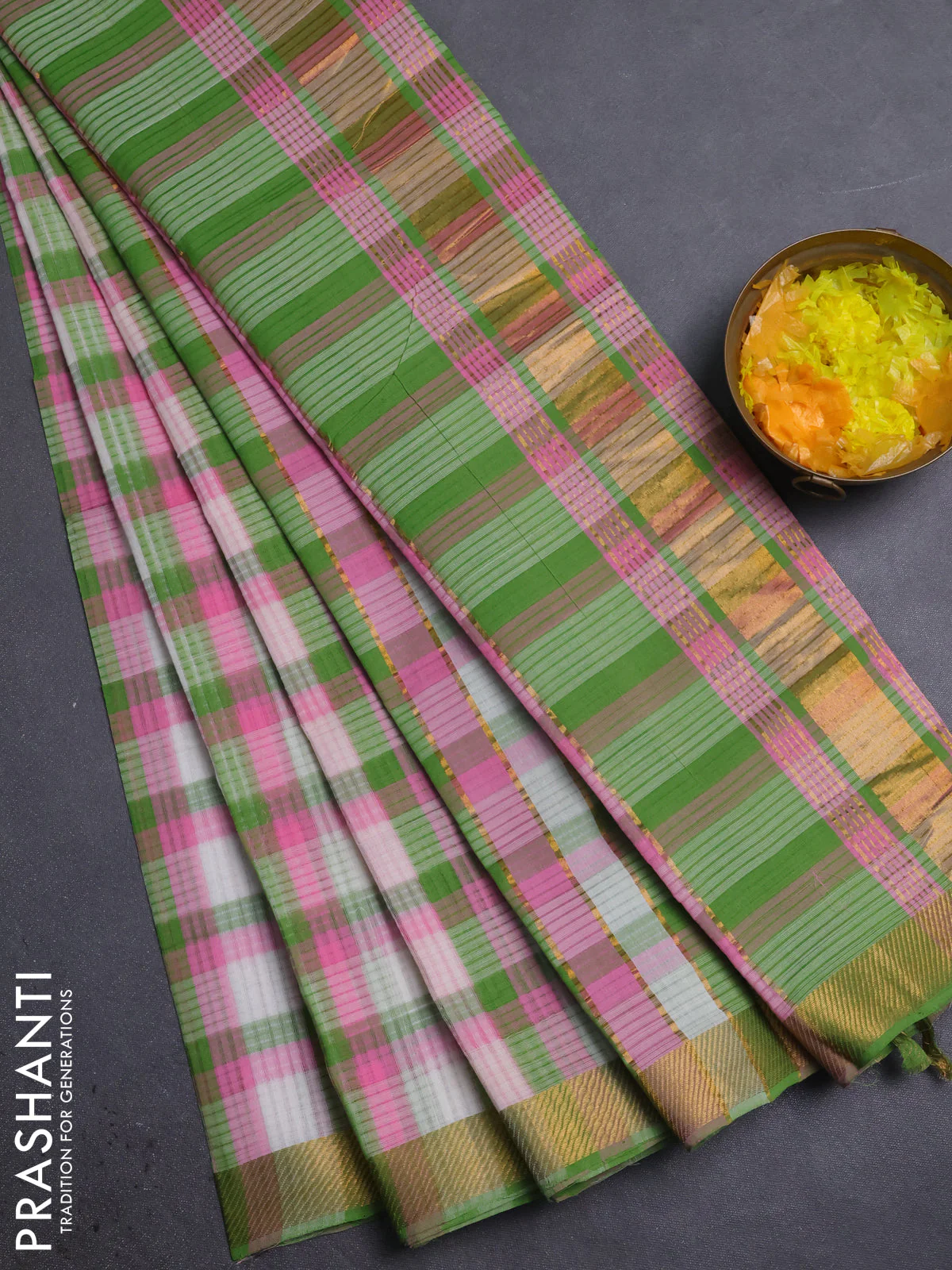 Mangalgiri cotton saree multi colour and pink with allover checked pattern and zari woven border