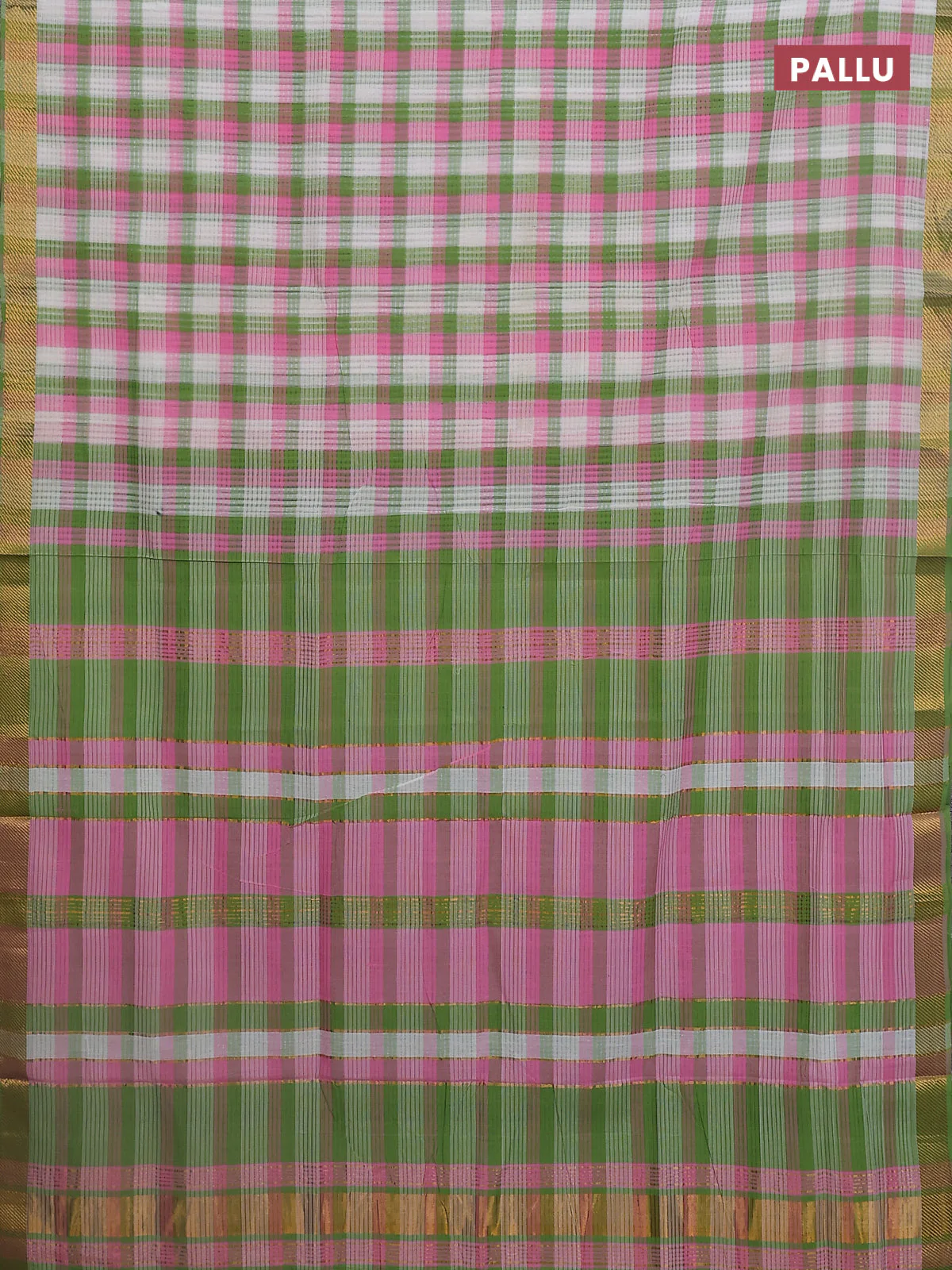 Mangalgiri cotton saree multi colour and pink with allover checked pattern and zari woven border - Image 3