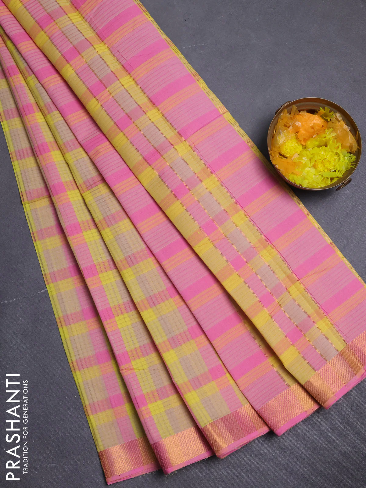 Mangalgiri cotton saree multi colour and pink with allover checked pattern and zari woven border