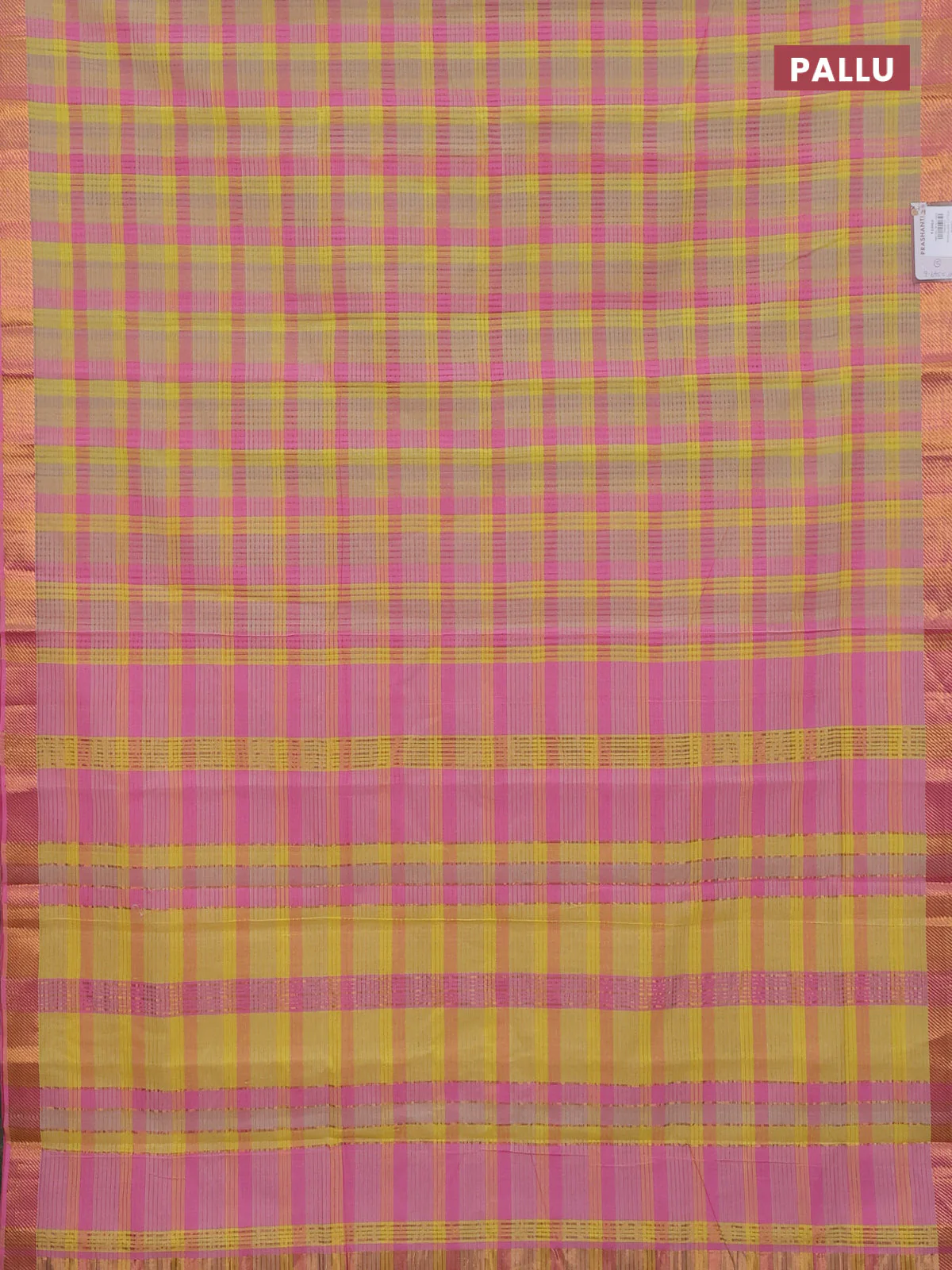 Mangalgiri cotton saree multi colour and pink with allover checked pattern and zari woven border - Image 3