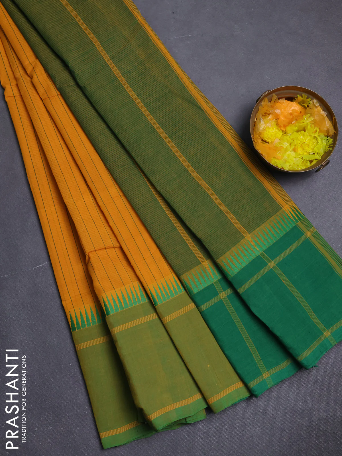 Mangalgiri cotton saree mustard yellow and green with allover stripe pattern and temple design long rettapet border