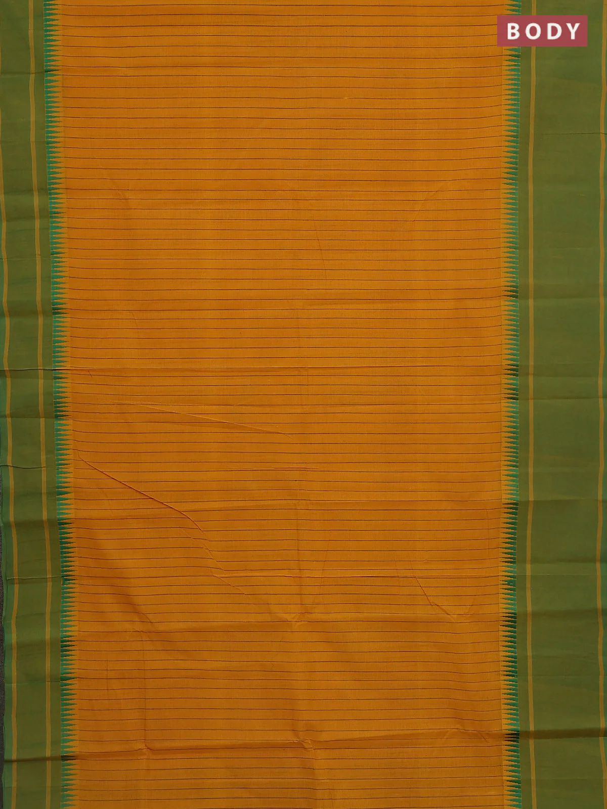 Mangalgiri cotton saree mustard yellow and green with allover stripe pattern and temple design long rettapet border - Image 2