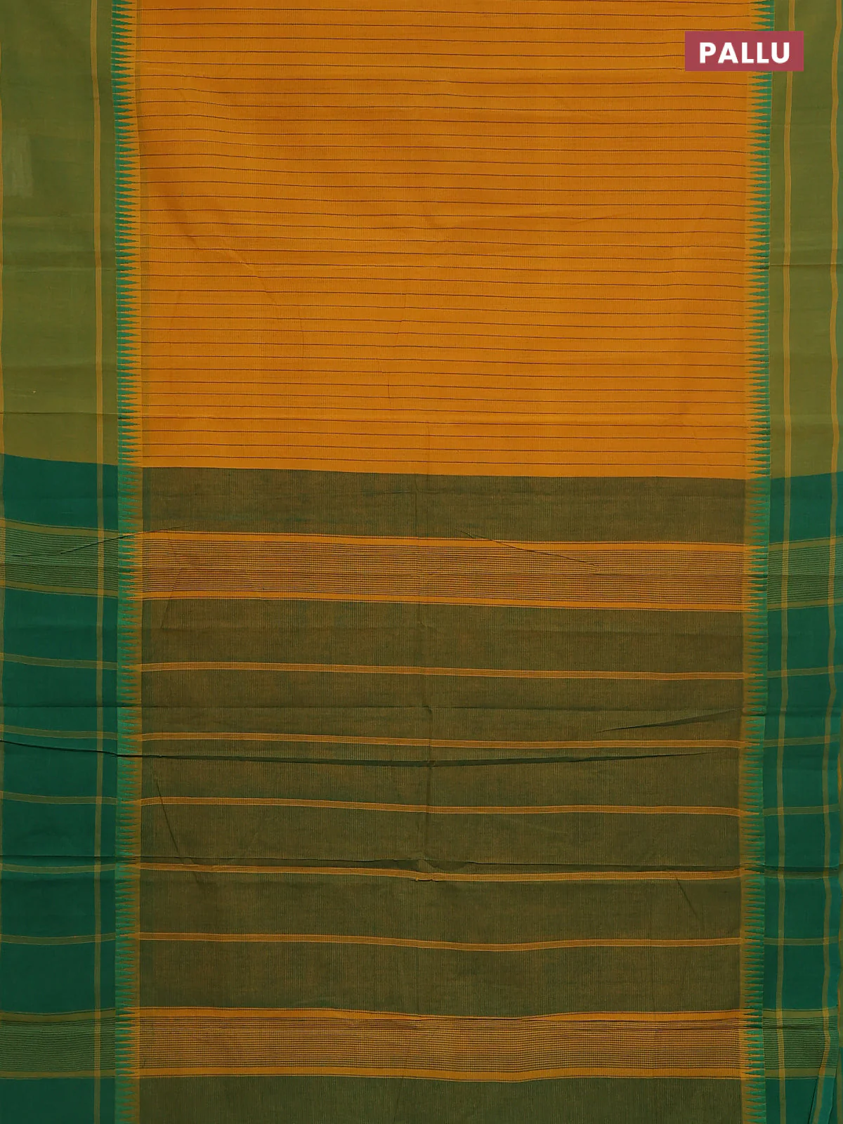 Mangalgiri cotton saree mustard yellow and green with allover stripe pattern and temple design long rettapet border - Image 3