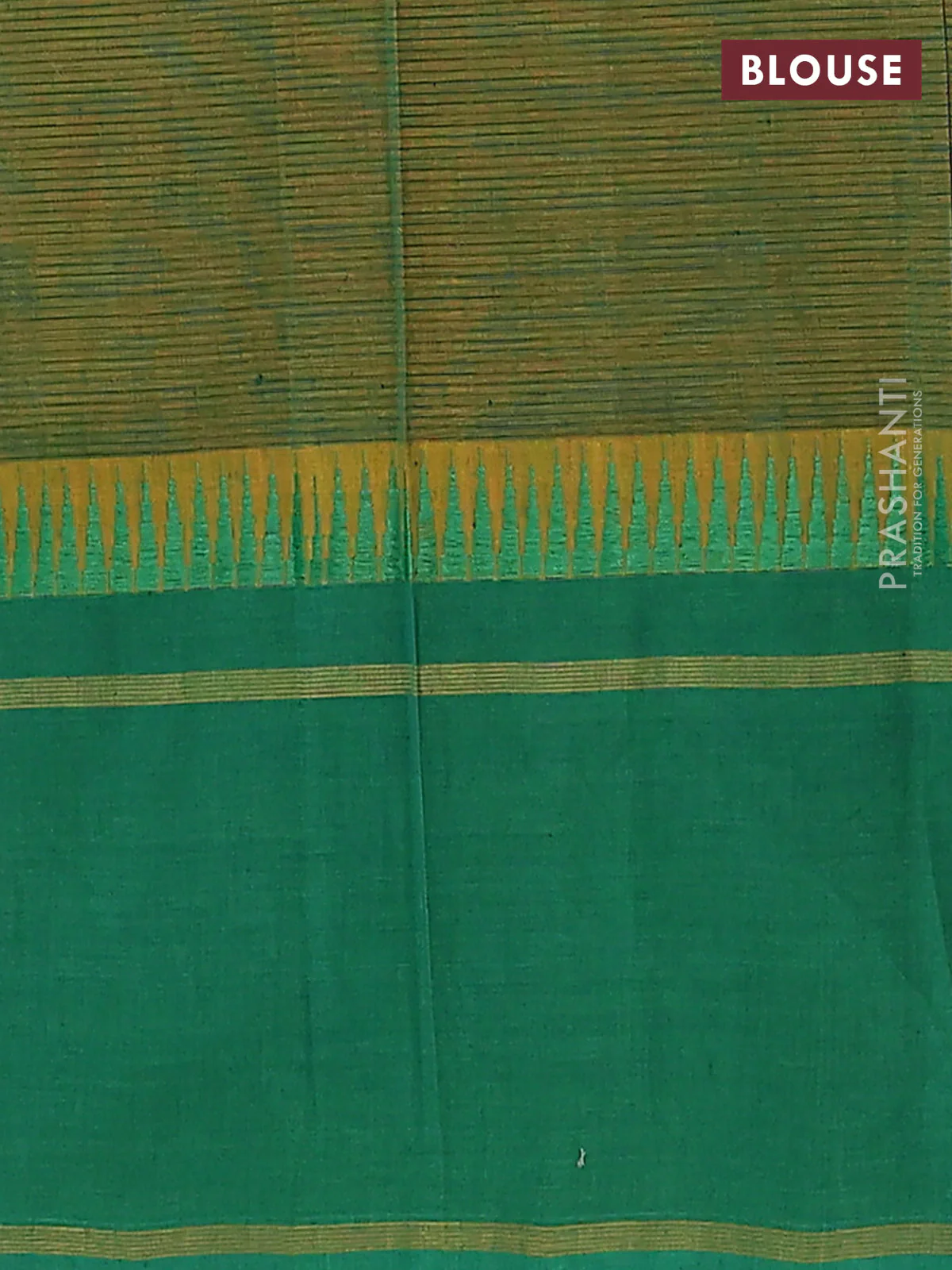 Mangalgiri cotton saree mustard yellow and green with allover stripe pattern and temple design long rettapet border - Image 4