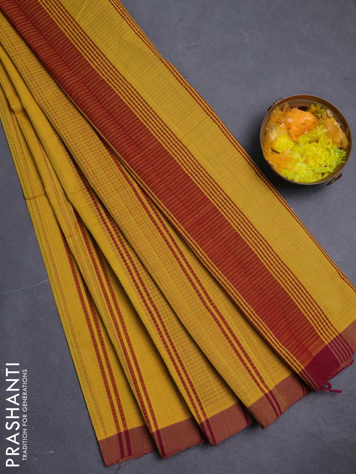 Mangalgiri cotton saree mustard yellow and maroon with stripe pattern and simple border