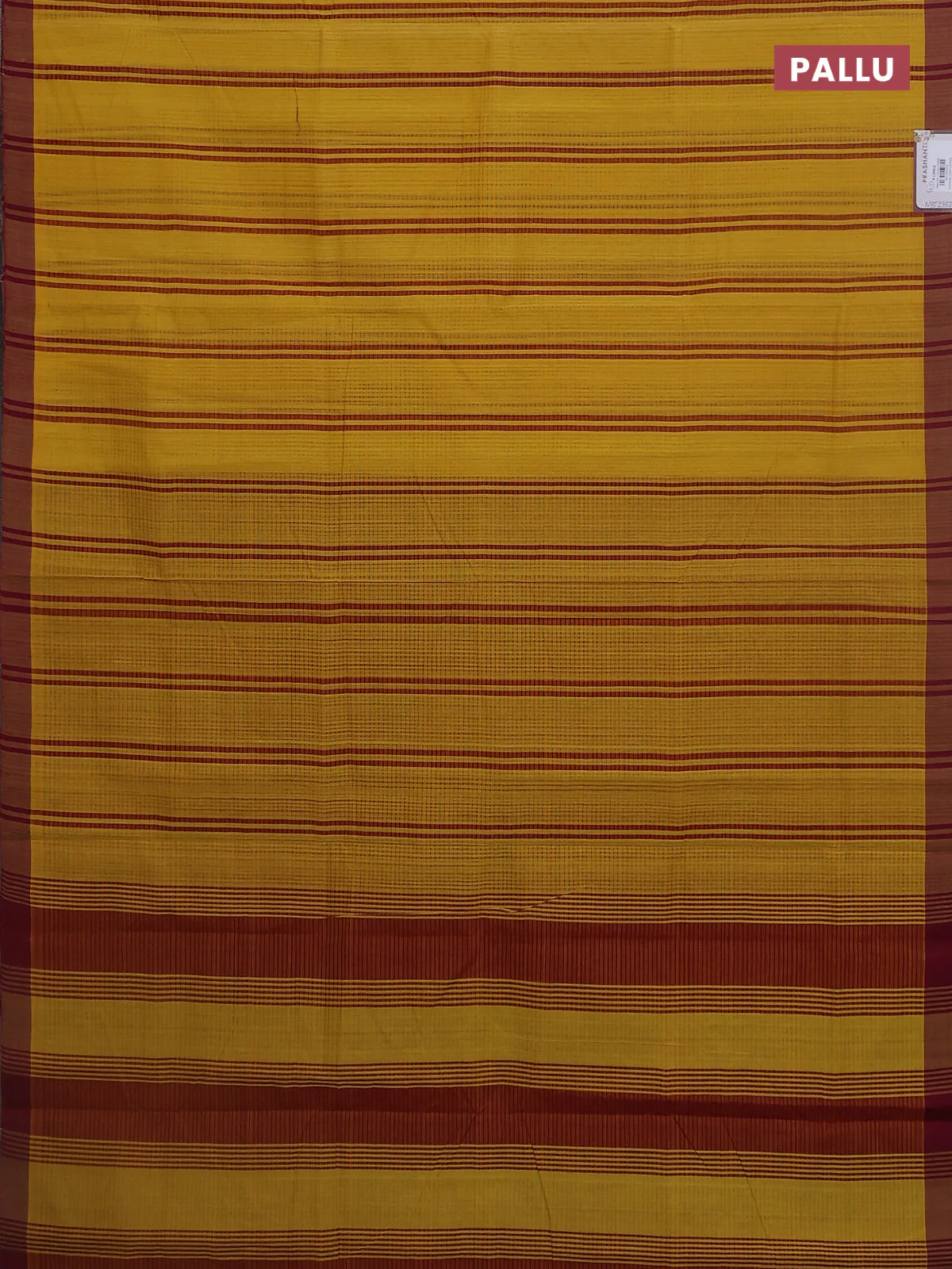 Mangalgiri cotton saree mustard yellow and maroon with stripe pattern and simple border - Image 3