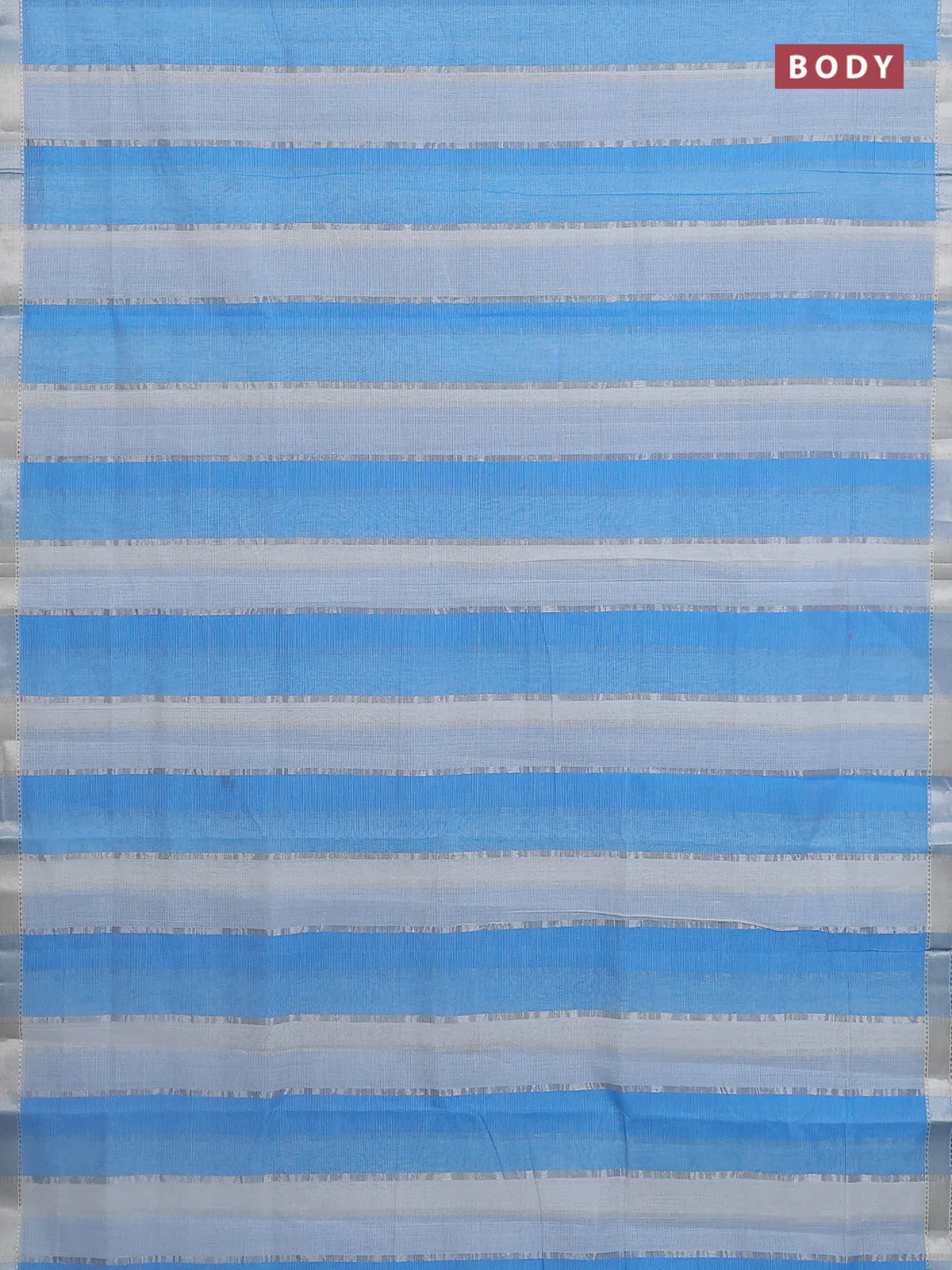 Mangalgiri cotton saree off white and blue with allover silver zari woven stripe pattern and silver zari woven border - Image 2