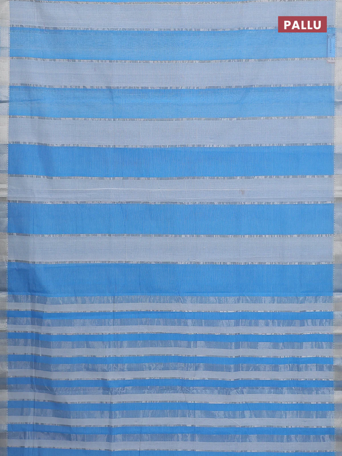 Mangalgiri cotton saree off white and blue with allover silver zari woven stripe pattern and silver zari woven border - Image 3