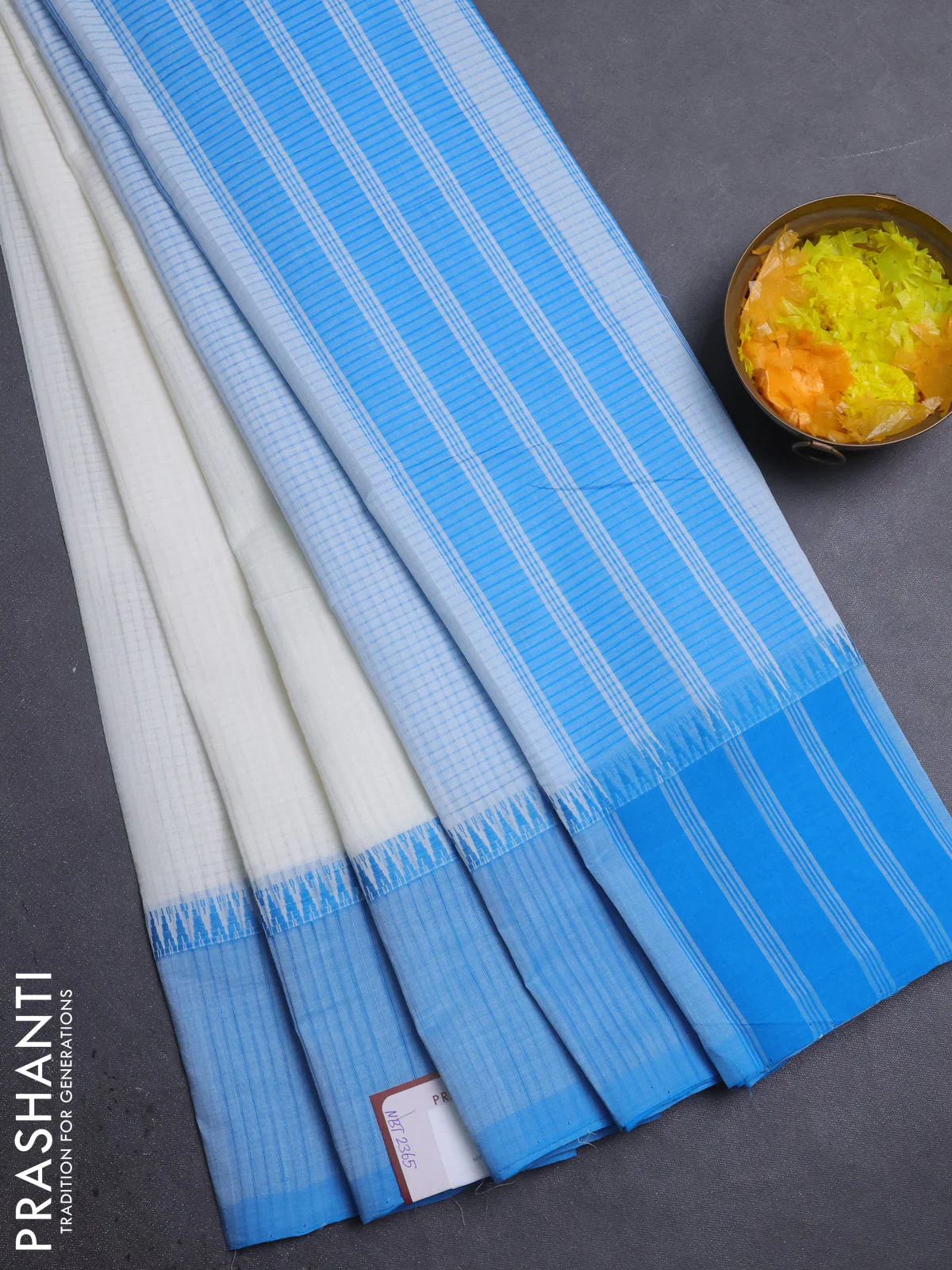 Mangalgiri cotton saree off white and cs blue with allover small checked pattern and temple design simple border