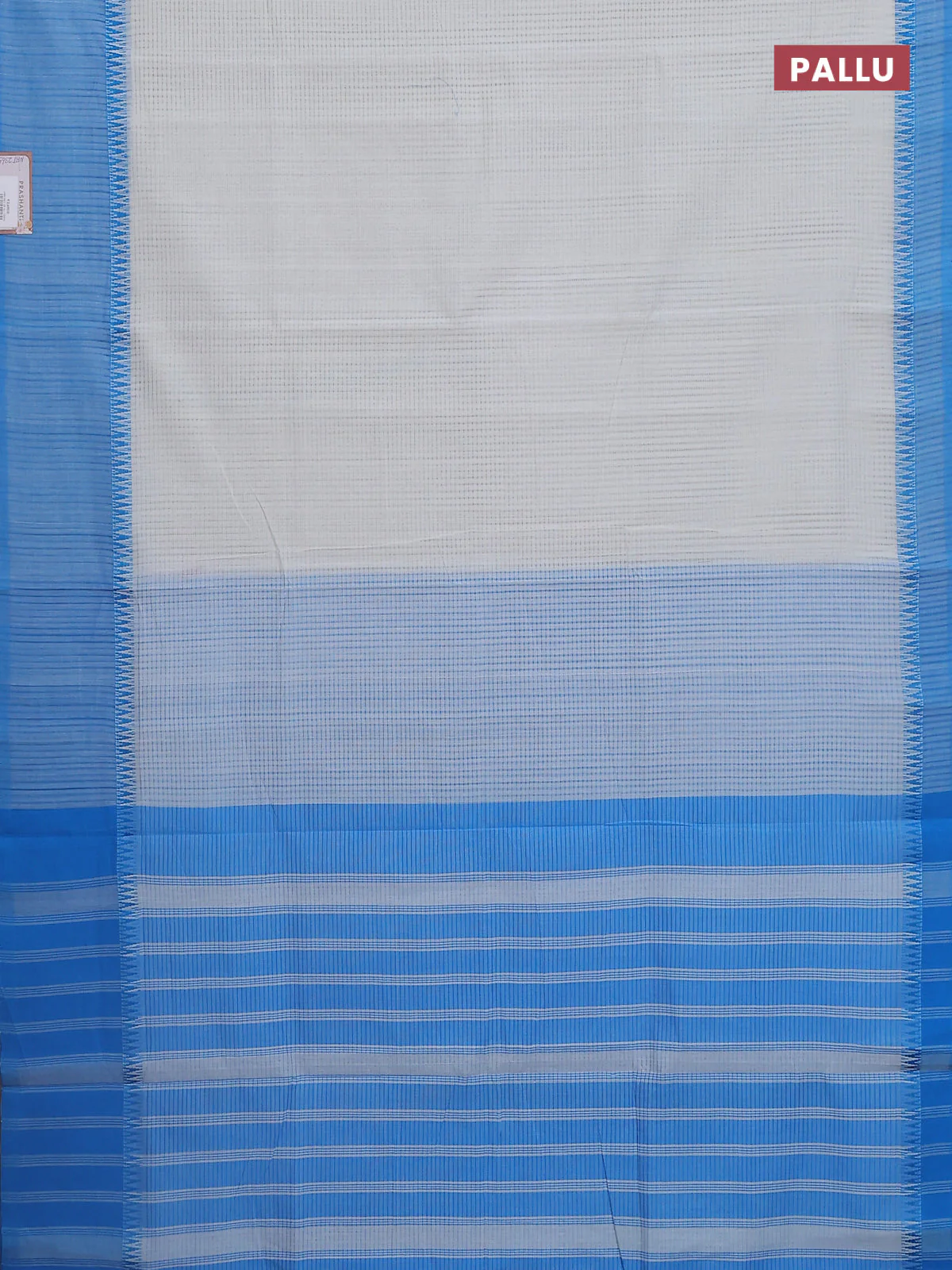 Mangalgiri cotton saree off white and cs blue with allover small checked pattern and temple design simple border - Image 3