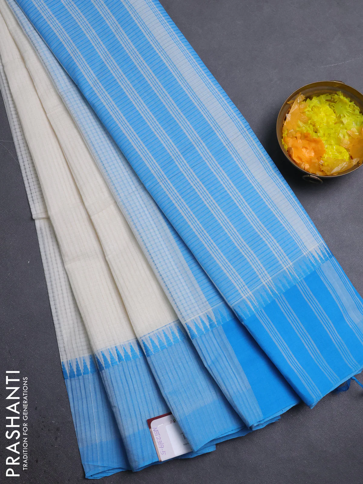 Mangalgiri cotton saree off white and cs blue with allover small checked pattern and temple design simple border