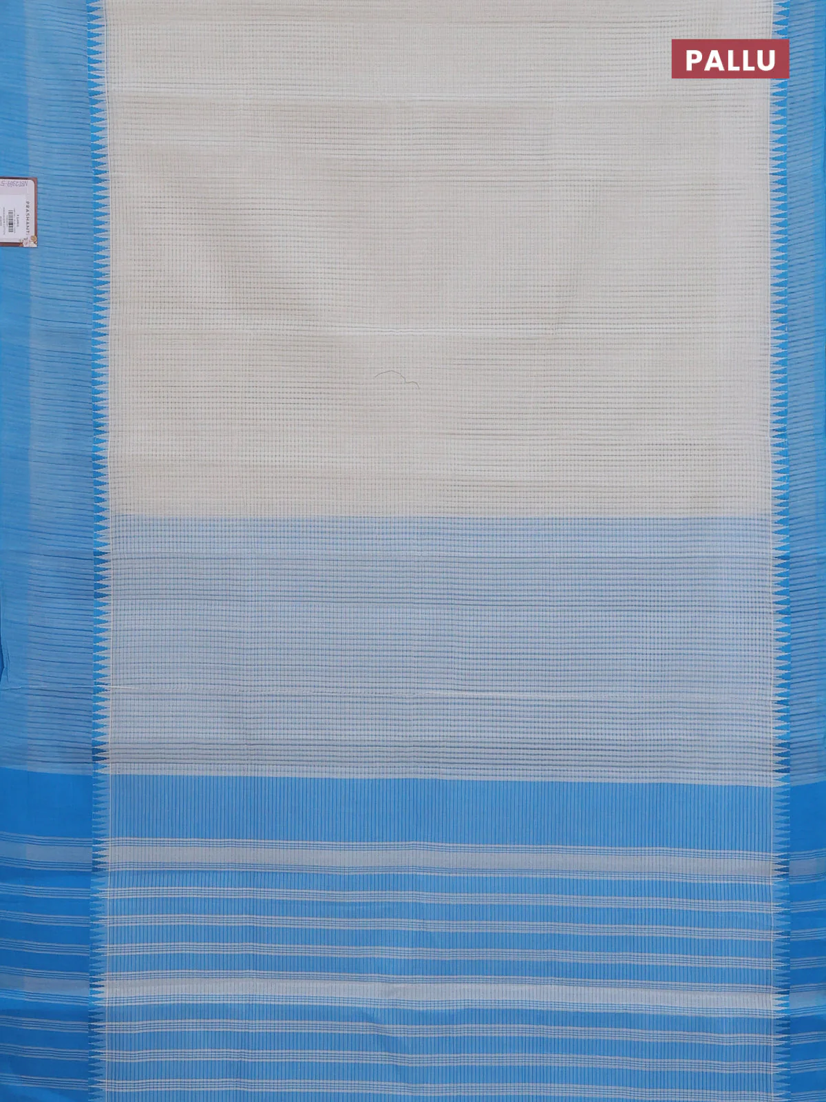 Mangalgiri cotton saree off white and cs blue with allover small checked pattern and temple design simple border - Image 3