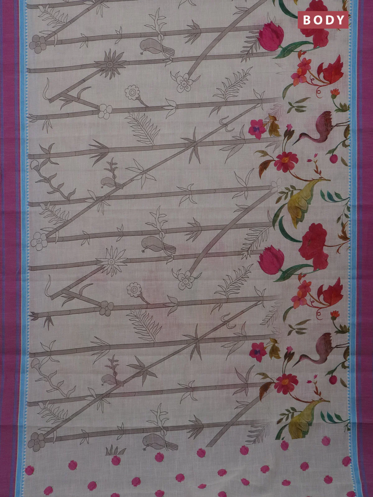 Mangalgiri cotton saree off white and purple with allover floral prints and thread woven border - Image 2