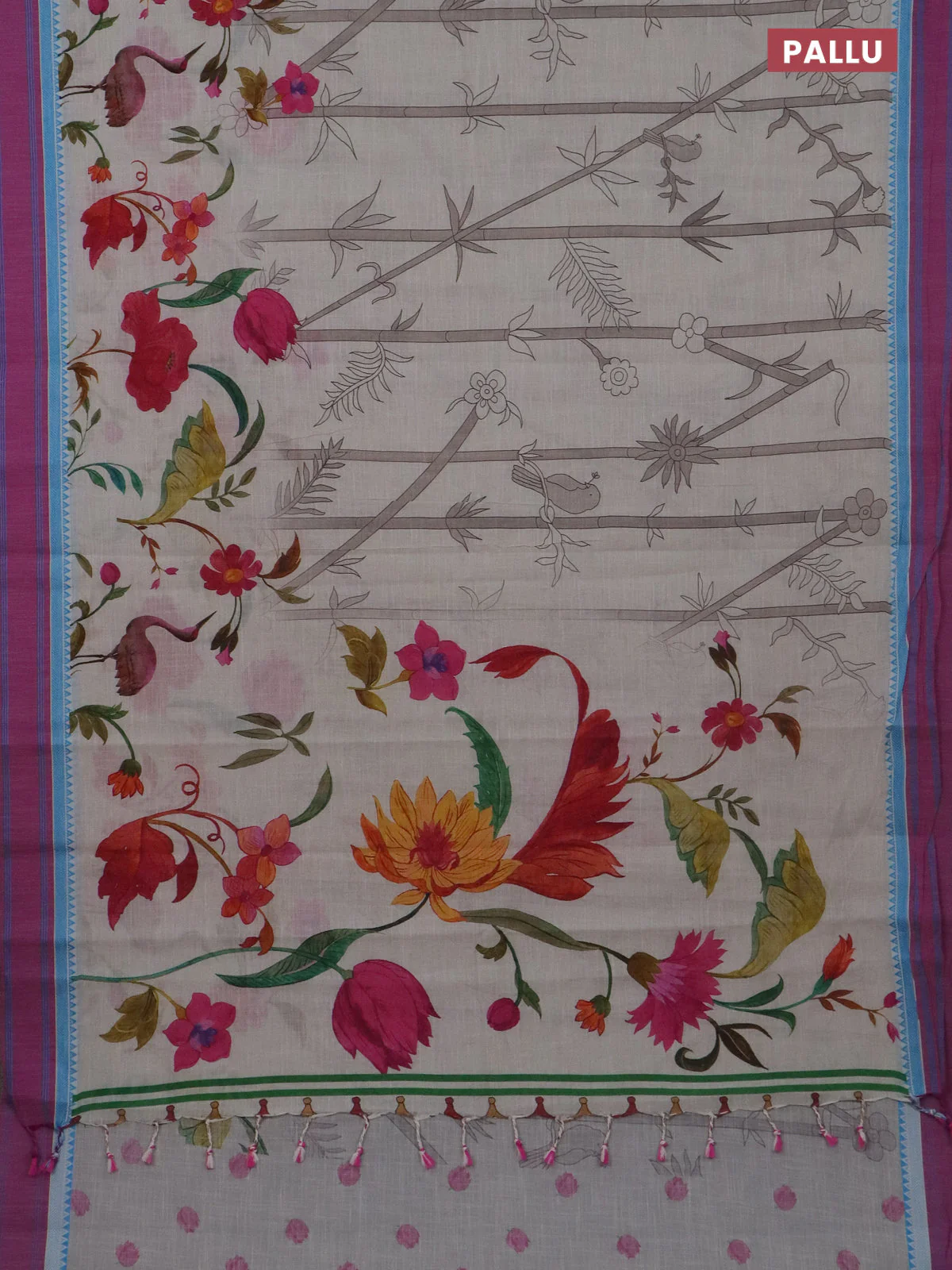 Mangalgiri cotton saree off white and purple with allover floral prints and thread woven border - Image 3