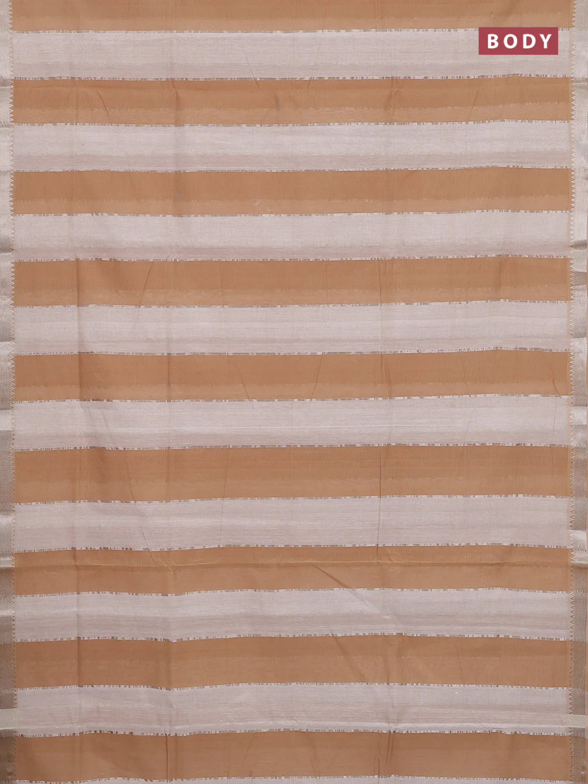Mangalgiri cotton saree off white and sandal with allover zari woven stripe pattern and zari woven border - Image 2