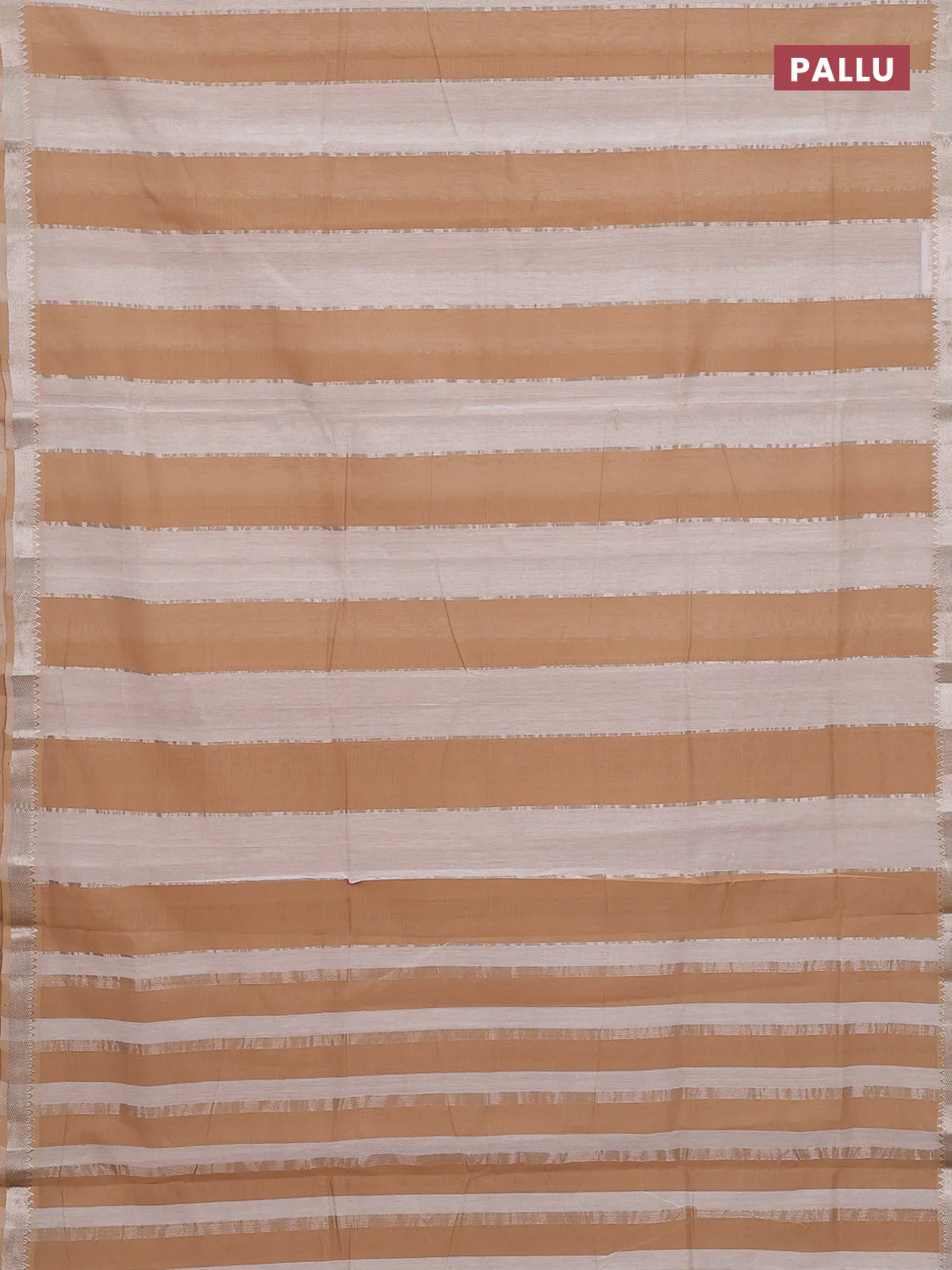 Mangalgiri cotton saree off white and sandal with allover zari woven stripe pattern and zari woven border - Image 3