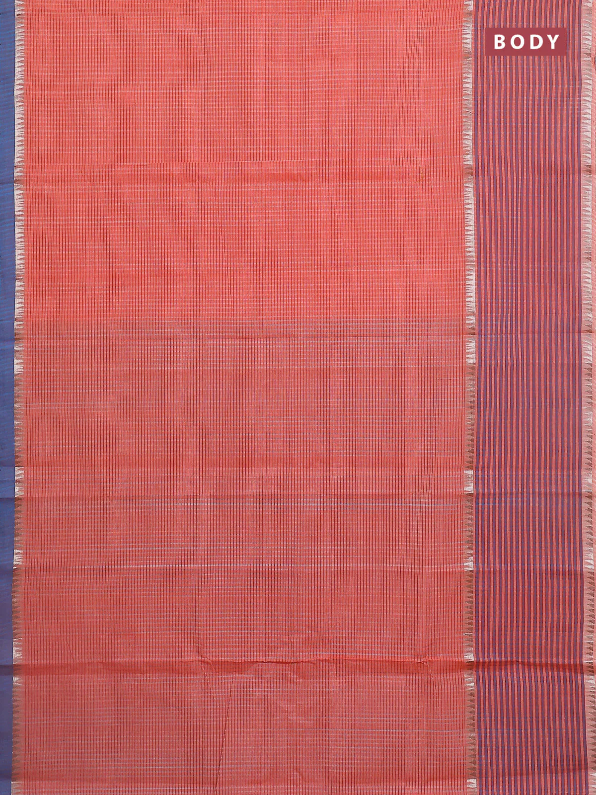 Mangalgiri cotton saree orange and teal blue with allover small checked pattern and long rettapet zari woven border - Image 2