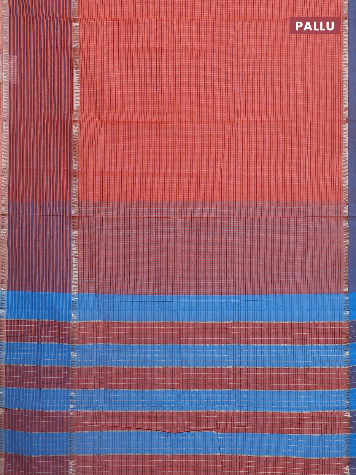 Mangalgiri cotton saree orange and teal blue with allover small checked pattern and long rettapet zari woven border - Image 3