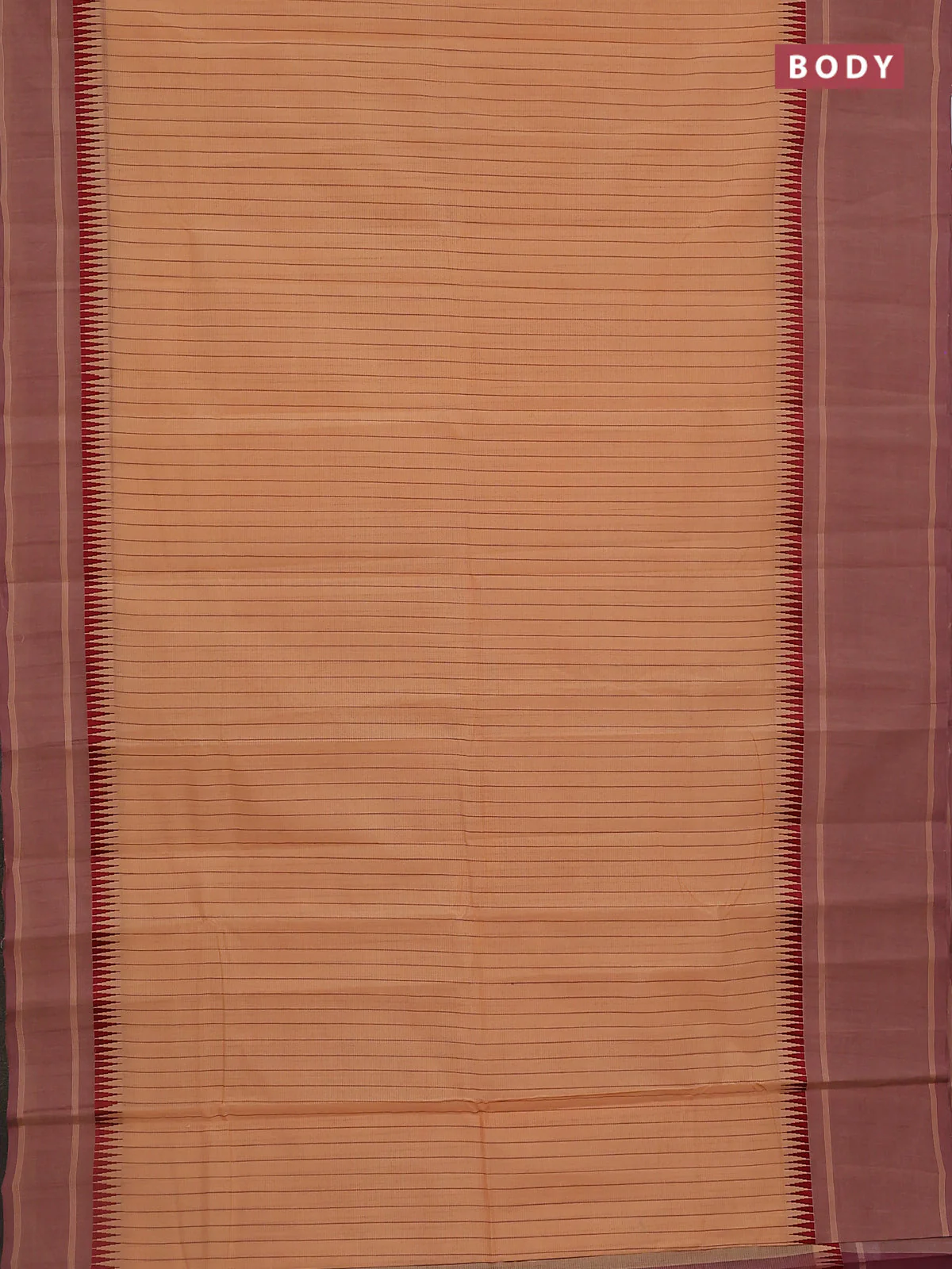 Mangalgiri cotton saree pale orange and mavue pink with allover stripe pattern and temple design long rettapet border - Image 2
