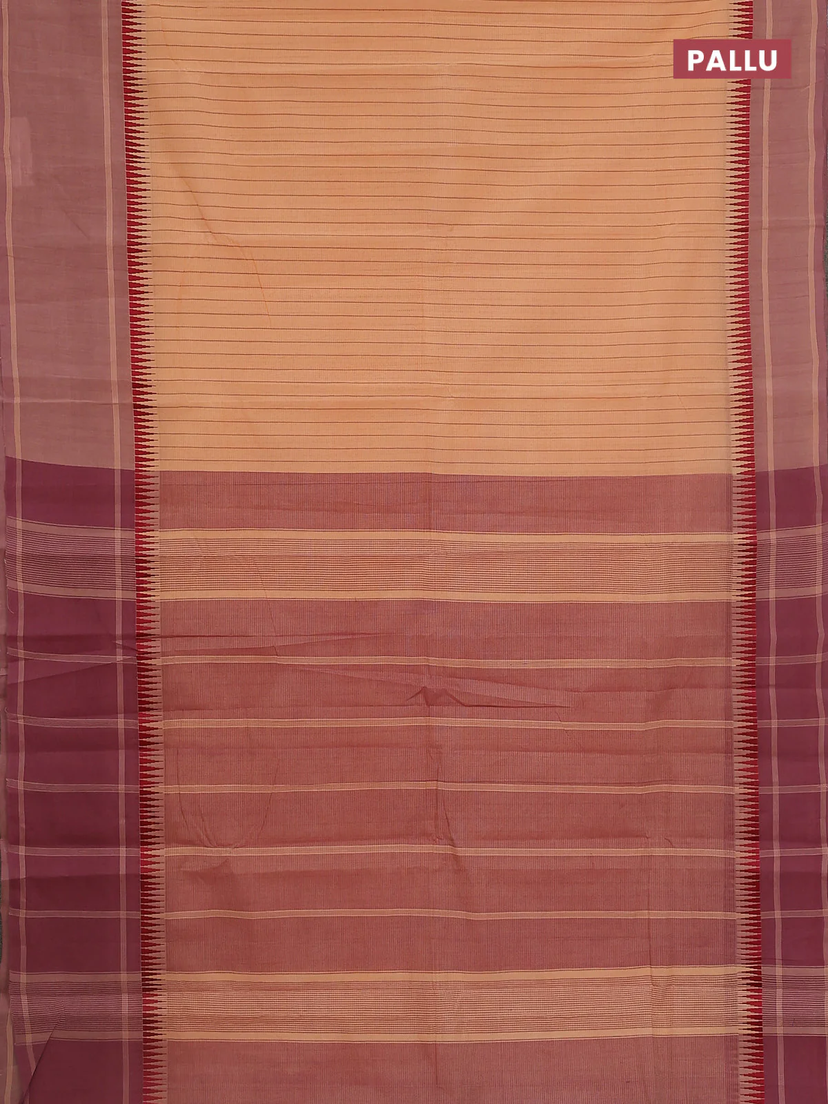 Mangalgiri cotton saree pale orange and mavue pink with allover stripe pattern and temple design long rettapet border - Image 3