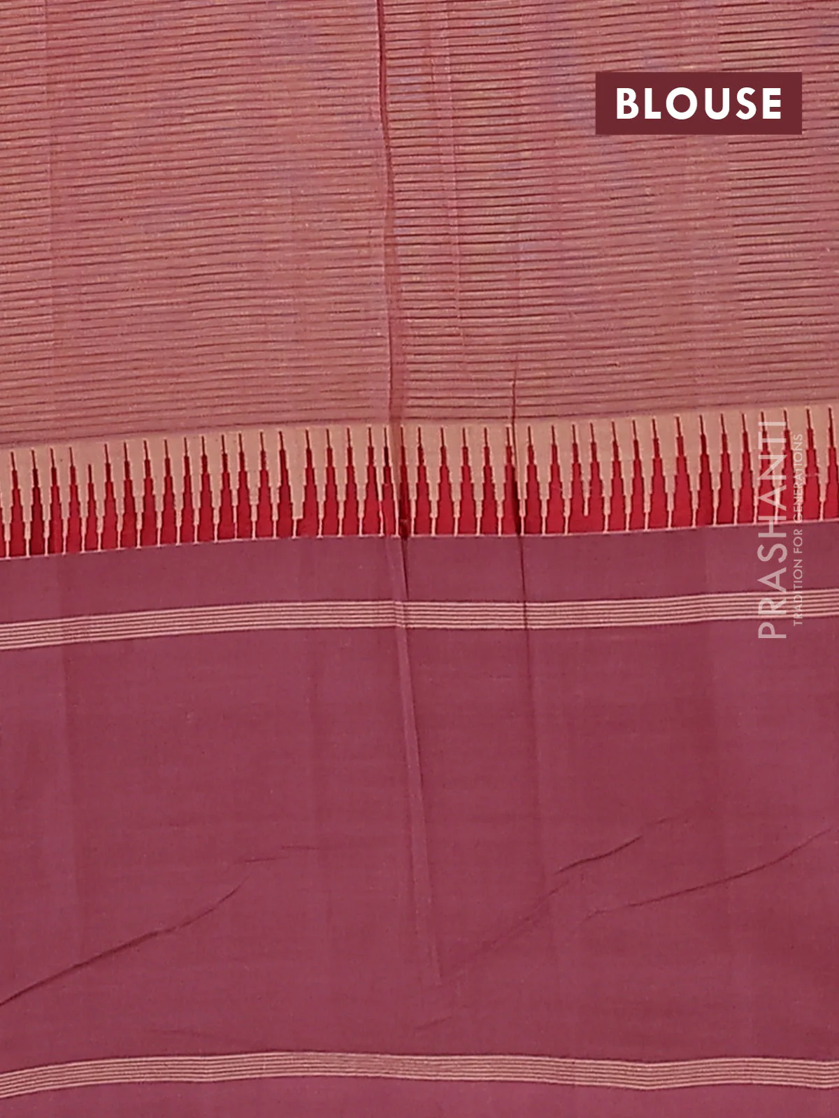 Mangalgiri cotton saree pale orange and mavue pink with allover stripe pattern and temple design long rettapet border - Image 4