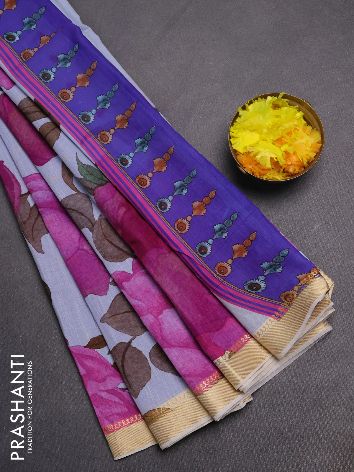 Mangalgiri cotton saree pastel blue shade and cream blue with allover floral prints and thread woven border