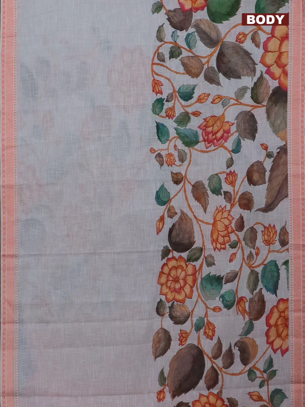 Mangalgiri cotton saree pastel grey and orange with allover floral prints and thread woven border - Image 2