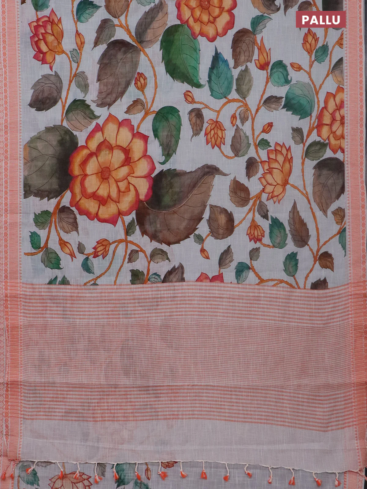 Mangalgiri cotton saree pastel grey and orange with allover floral prints and thread woven border - Image 3