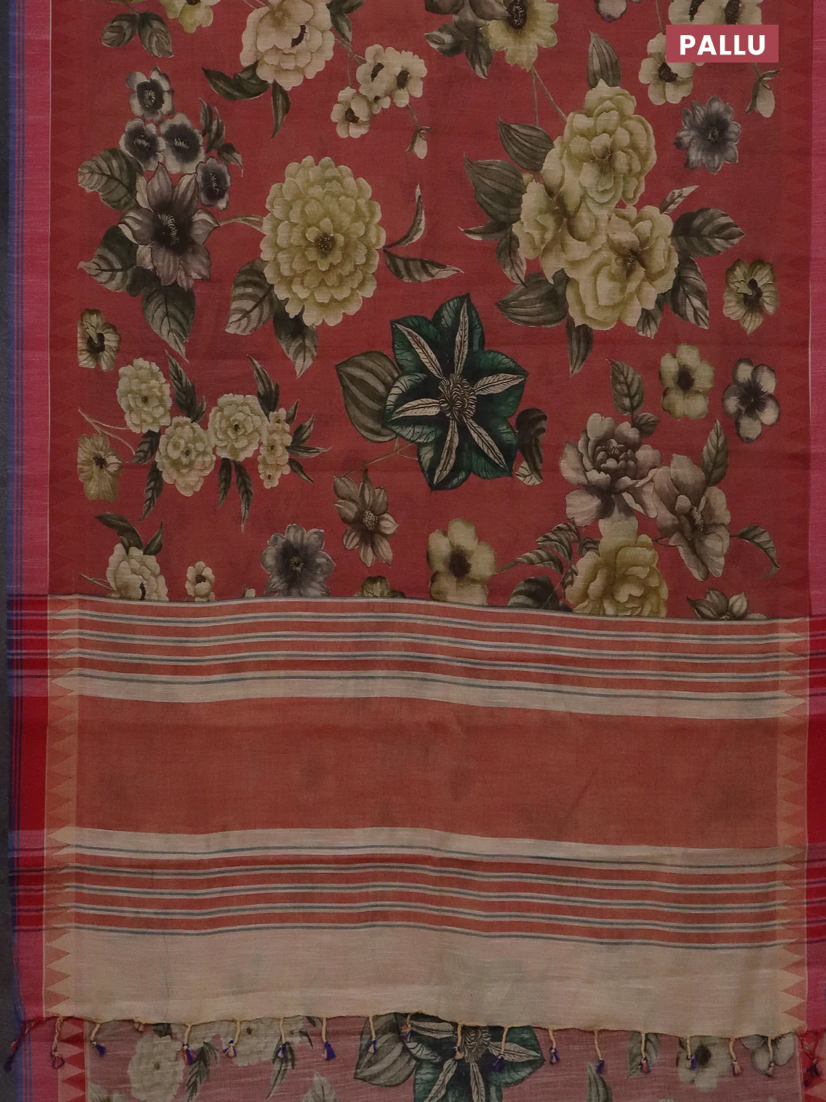 Mangalgiri cotton saree pastel maroon and sandal blue with allover floral prints and temple design simple border - Image 3