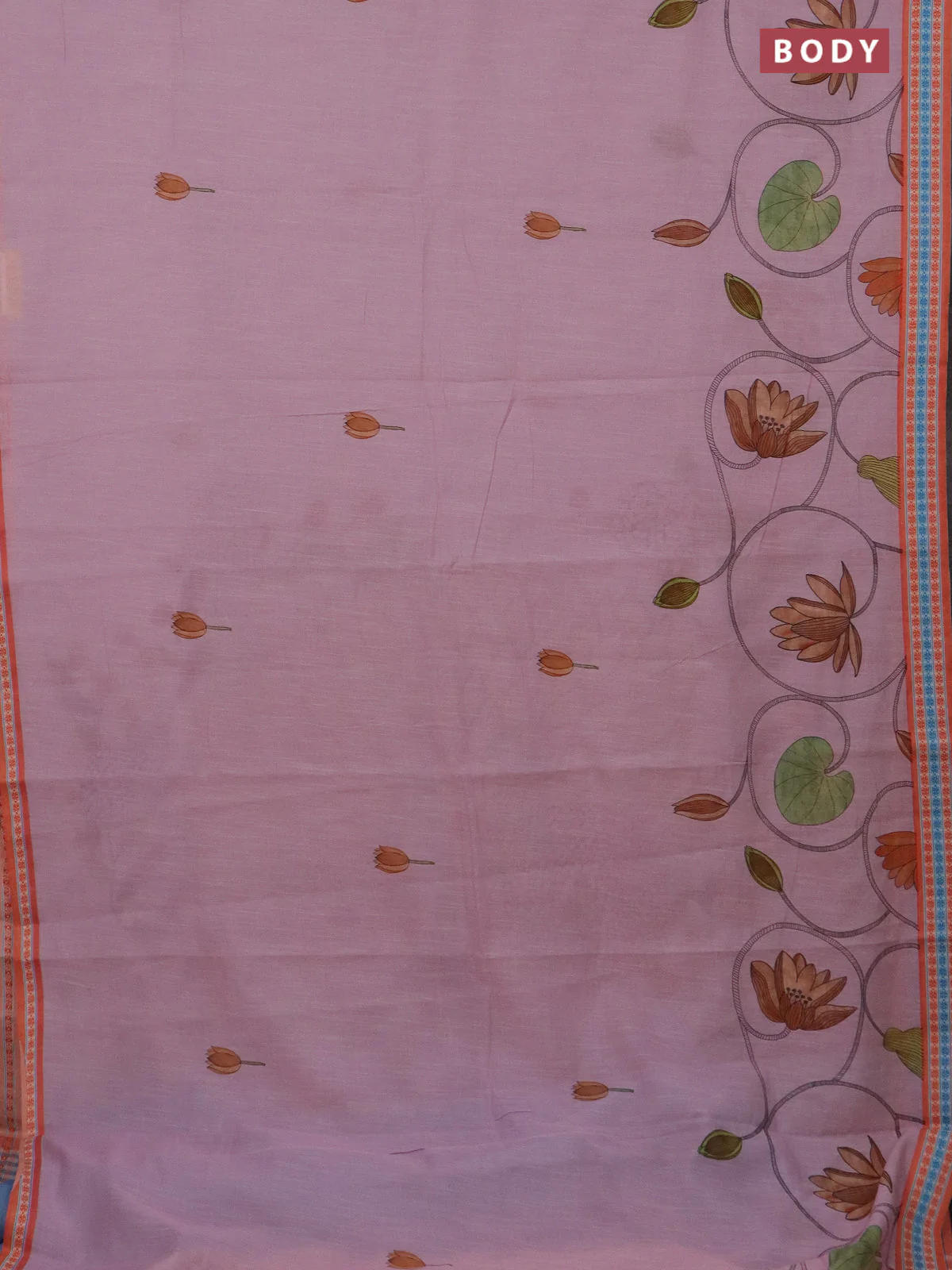 Mangalgiri cotton saree peach pink and orange with floral prints and thread woven border - Image 2