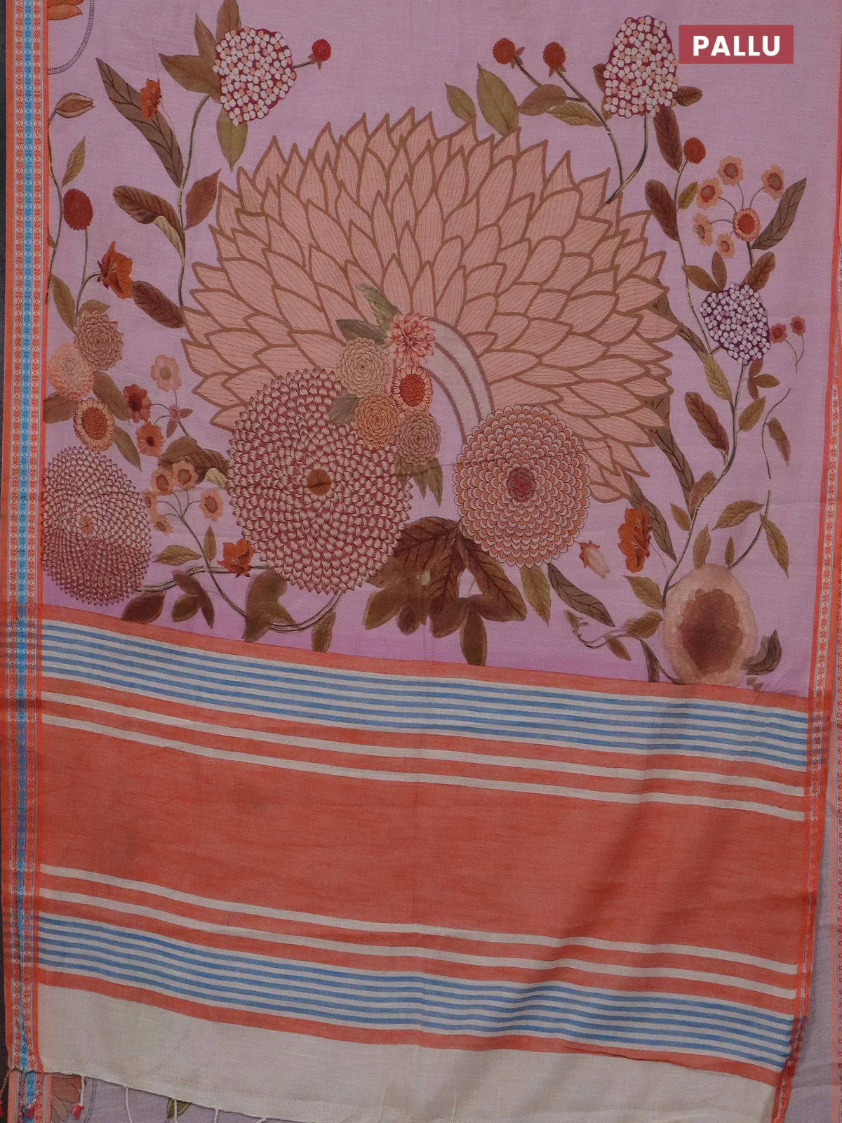 Mangalgiri cotton saree peach pink and orange with floral prints and thread woven border - Image 3