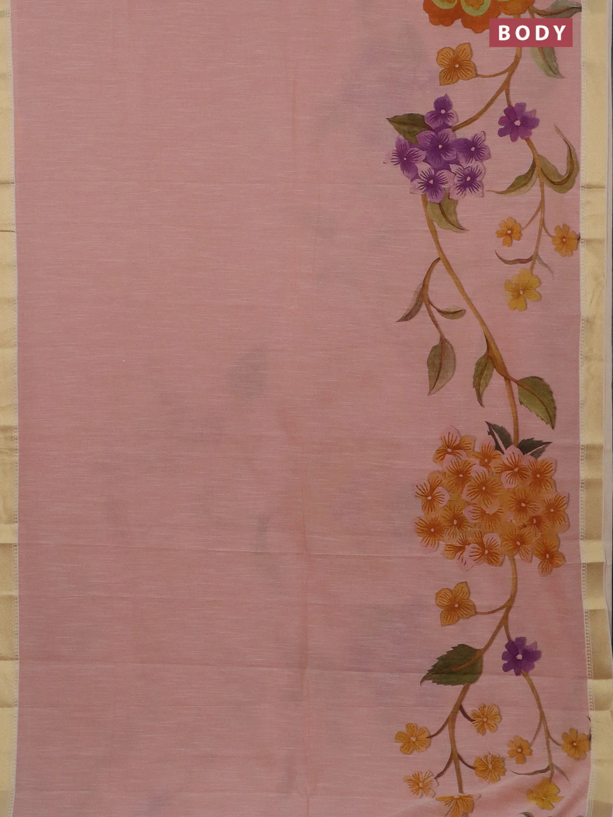 Mangalgiri cotton saree peach shade and cream with floral prints and zari woven border - Image 2