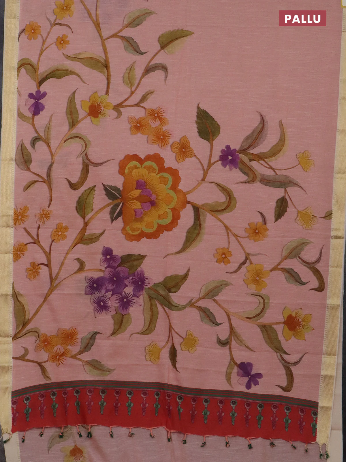Mangalgiri cotton saree peach shade and cream with floral prints and zari woven border - Image 3