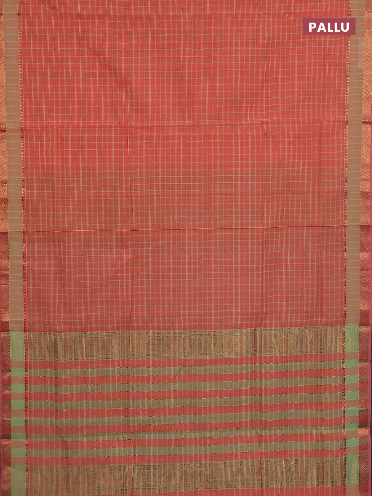 Mangalgiri cotton saree peach shade and pista green with allover checked pattern and rettapet zari woven border - Image 3