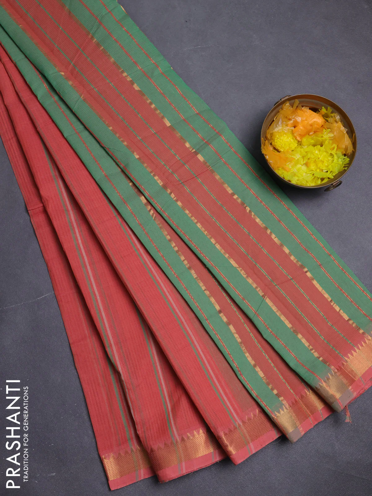Mangalgiri cotton saree peach shade and teal green with allover stripe pattern and zari woven border