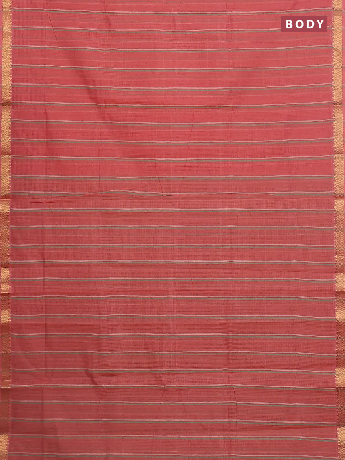 Mangalgiri cotton saree peach shade and teal green with allover stripe pattern and zari woven border - Image 2