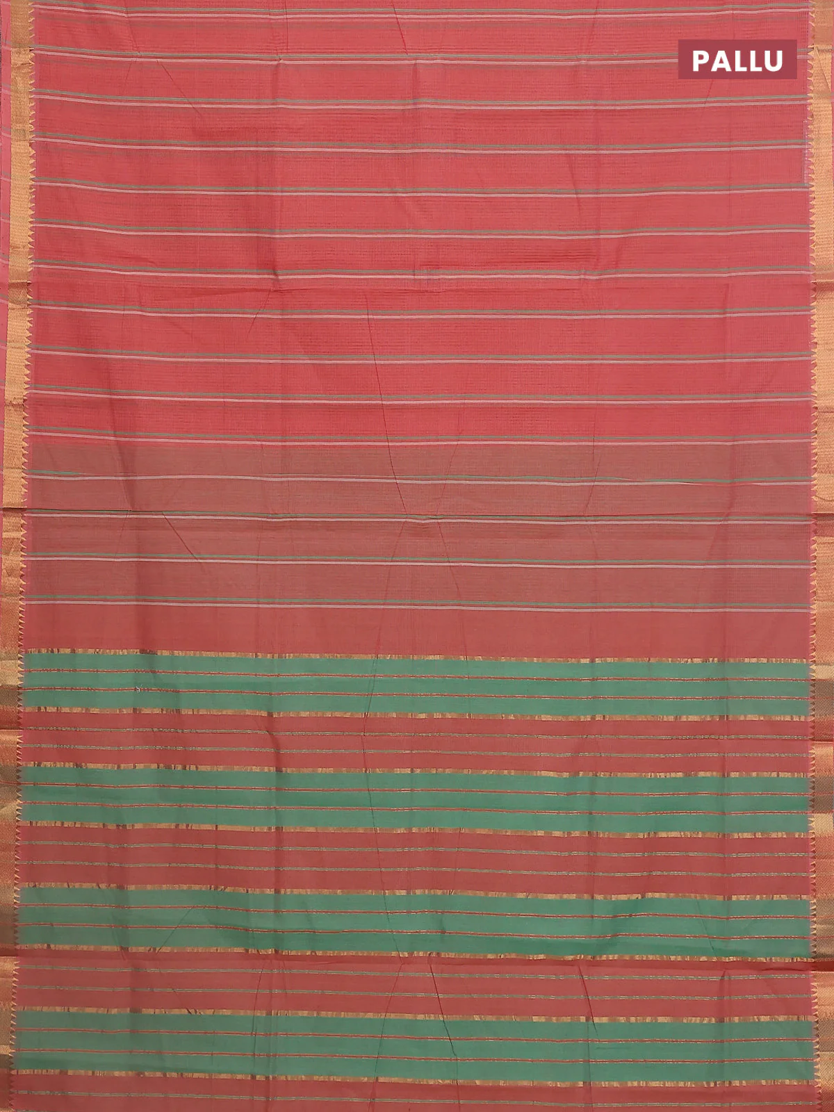 Mangalgiri cotton saree peach shade and teal green with allover stripe pattern and zari woven border - Image 3