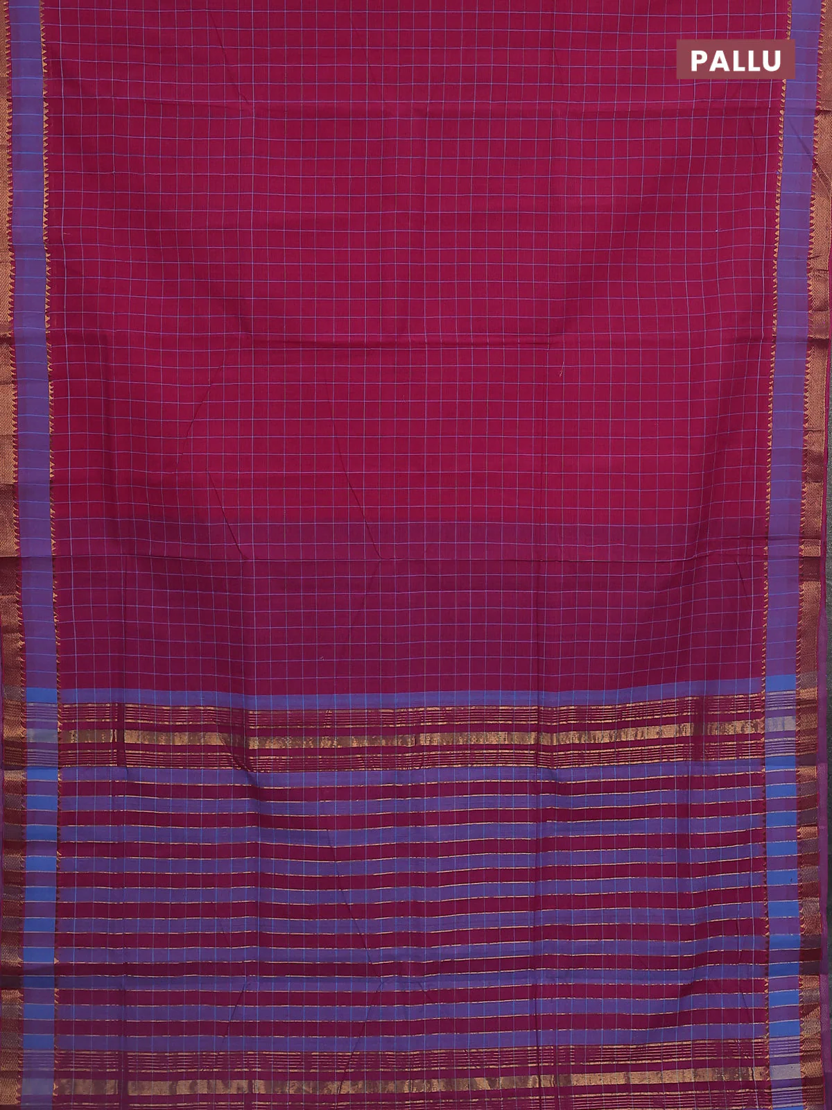 Mangalgiri cotton saree pink and blue with allover checked pattern and rettapet zari woven border - Image 3