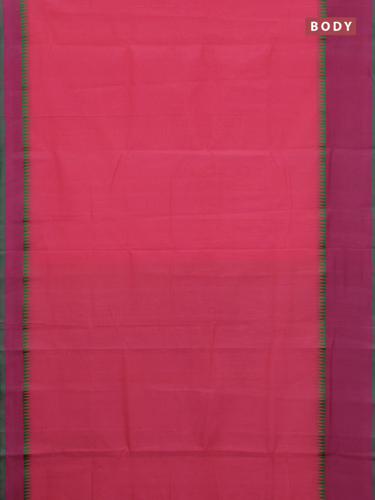Mangalgiri cotton saree pink and dual shade of green with palin body and temple design long rettapet border - Image 2