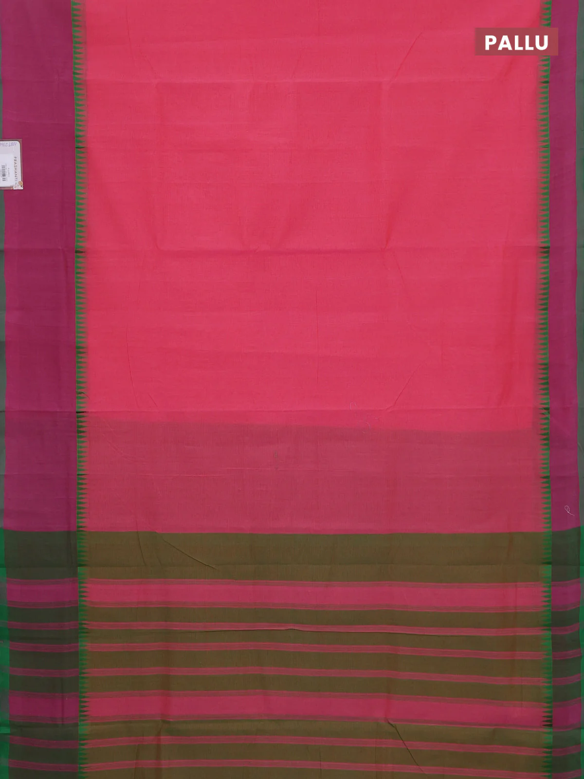 Mangalgiri cotton saree pink and dual shade of green with palin body and temple design long rettapet border - Image 3