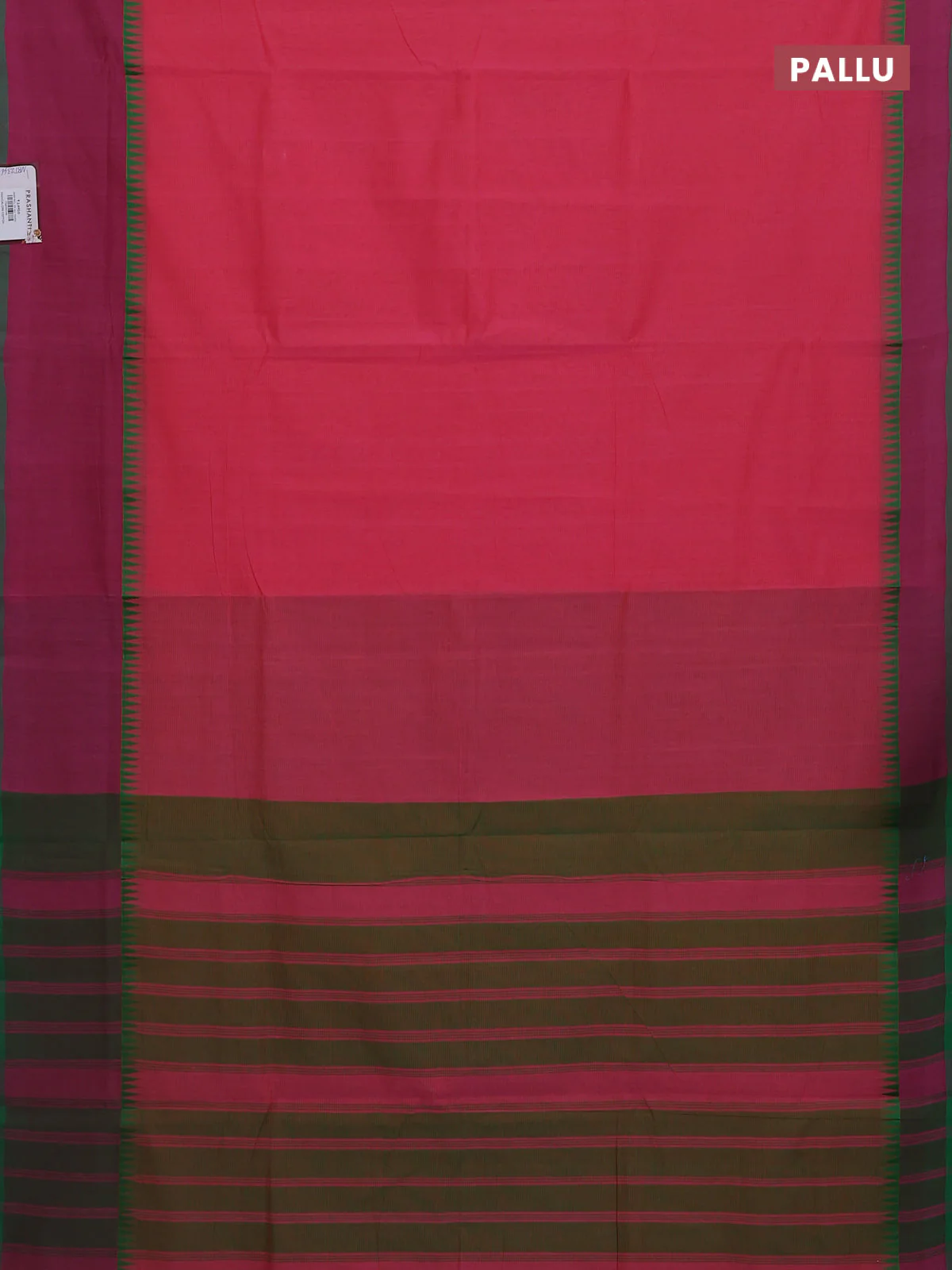 Mangalgiri cotton saree pink and green with palin body and temple design long rettapet border - Image 3