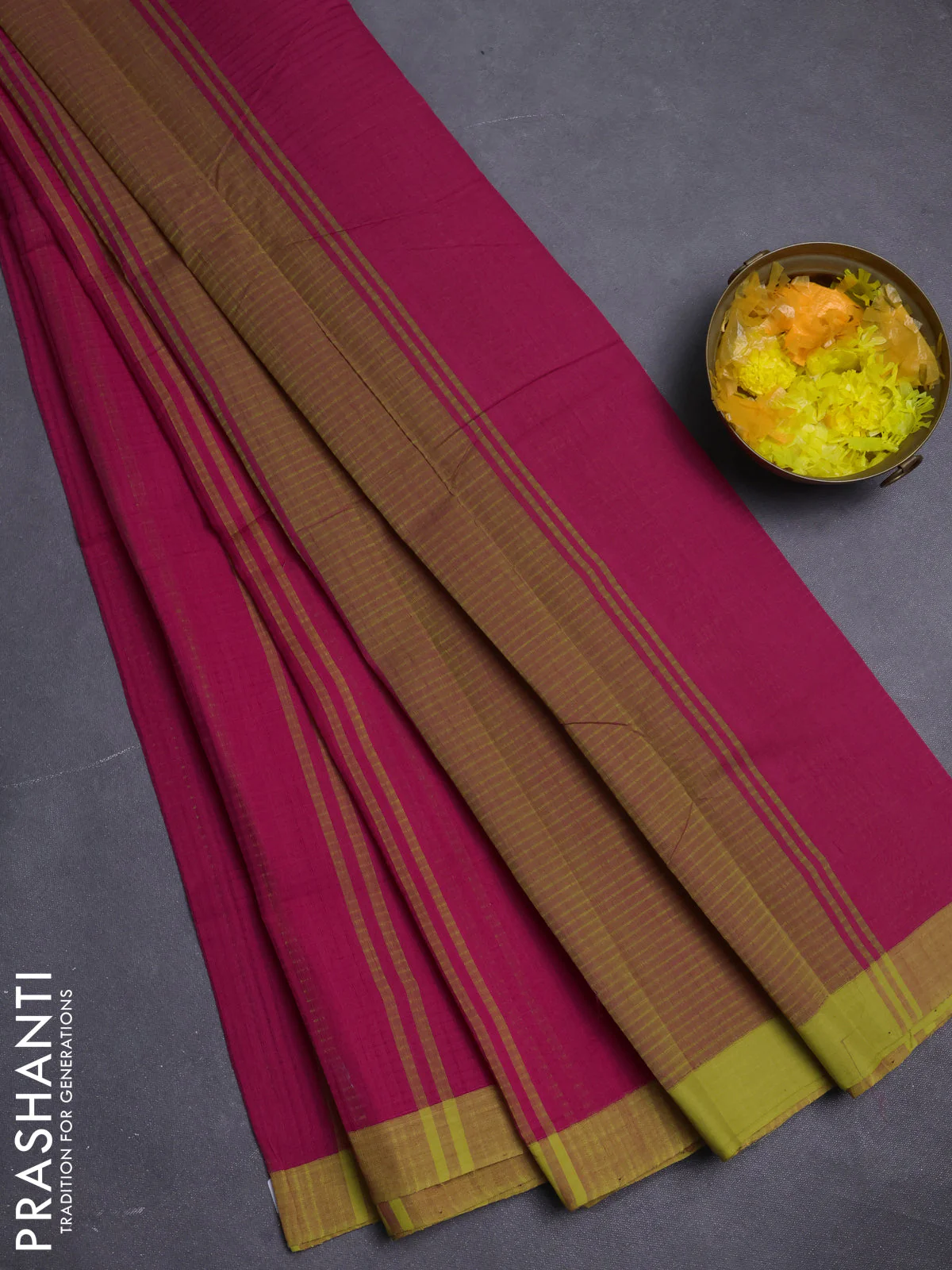 Mangalgiri cotton saree pink and mustard yellow with stripe pattern and simple border