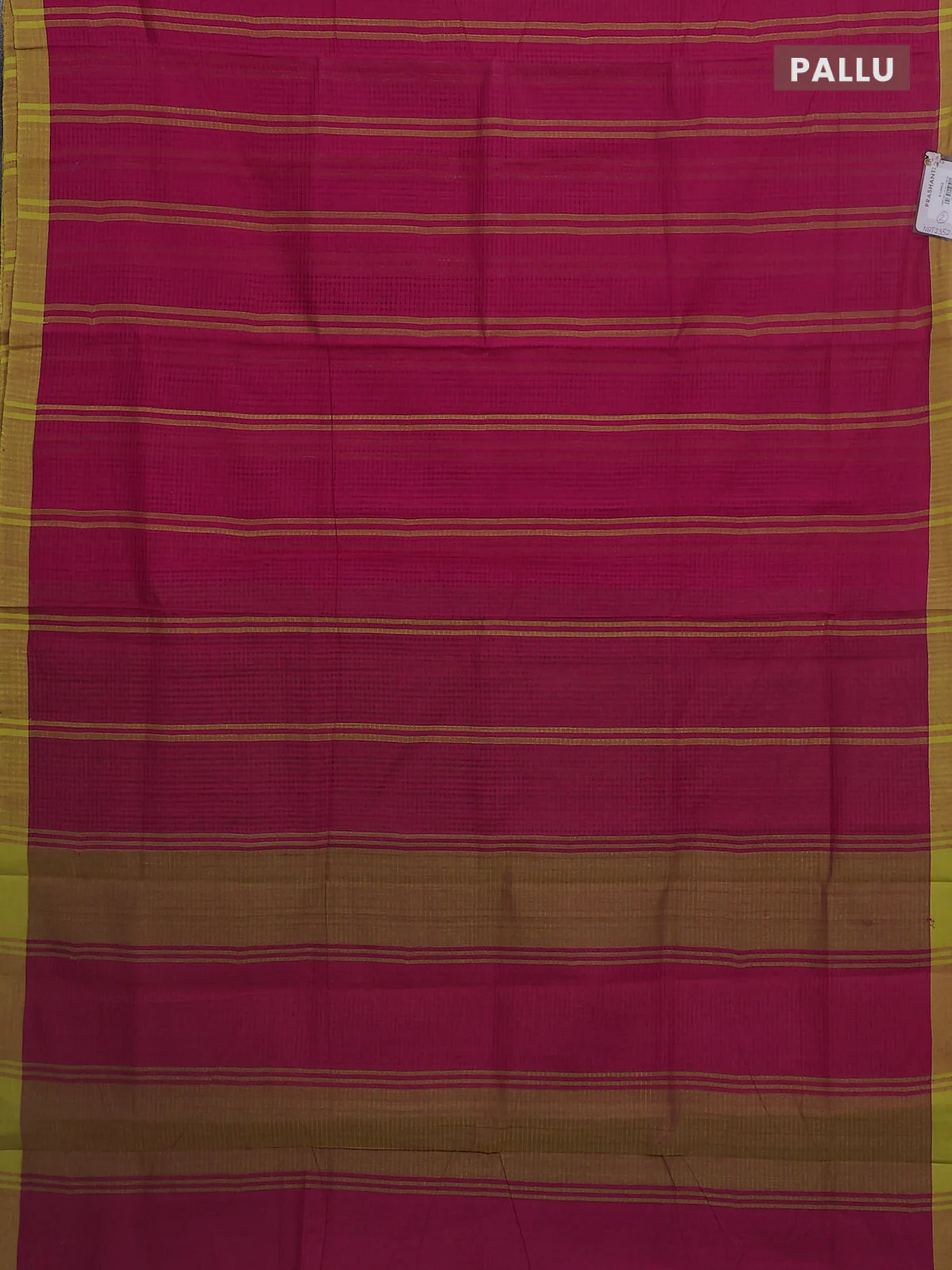 Mangalgiri cotton saree pink and mustard yellow with stripe pattern and simple border - Image 3