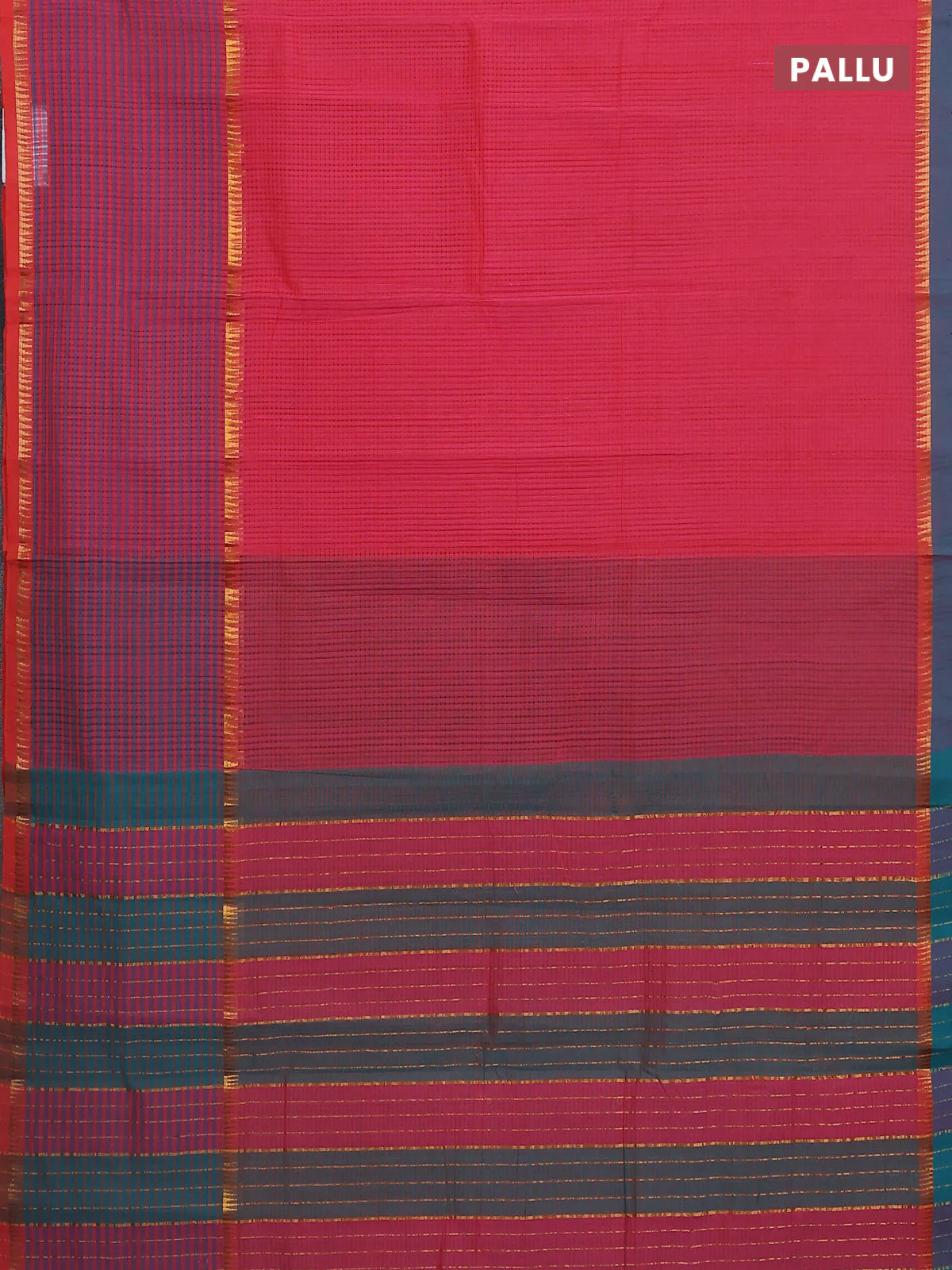 Mangalgiri cotton saree pink and teal green with allover small checked pattern and long rettapet zari woven border - Image 3