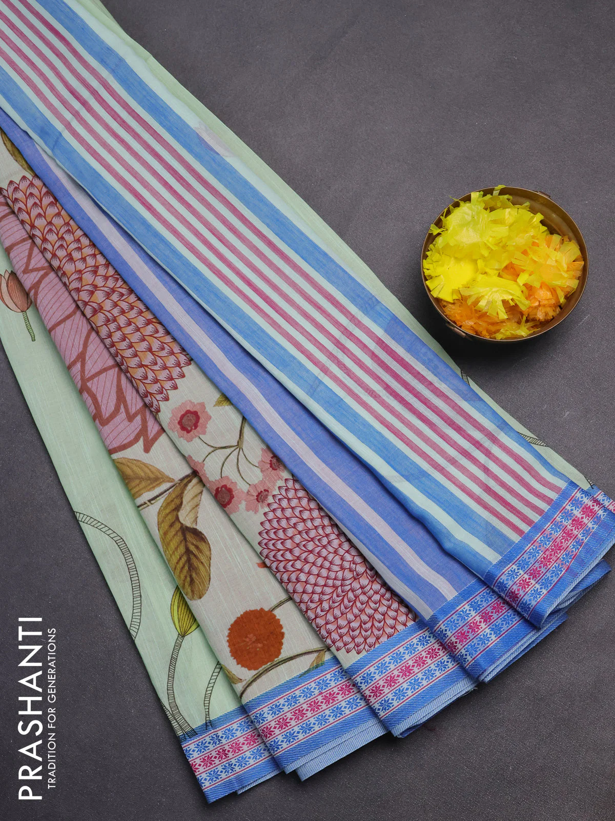 Mangalgiri cotton saree pista green and blue with floral prints and thread woven border