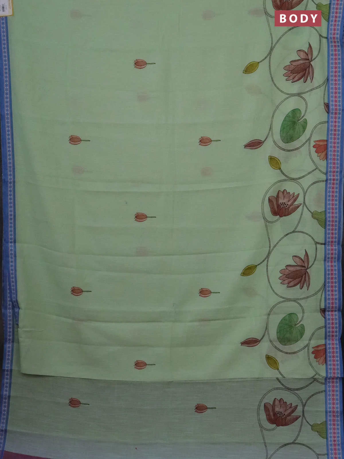Mangalgiri cotton saree pista green and blue with floral prints and thread woven border - Image 2