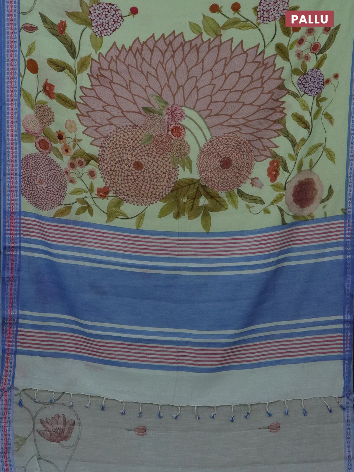 Mangalgiri cotton saree pista green and blue with floral prints and thread woven border - Image 3