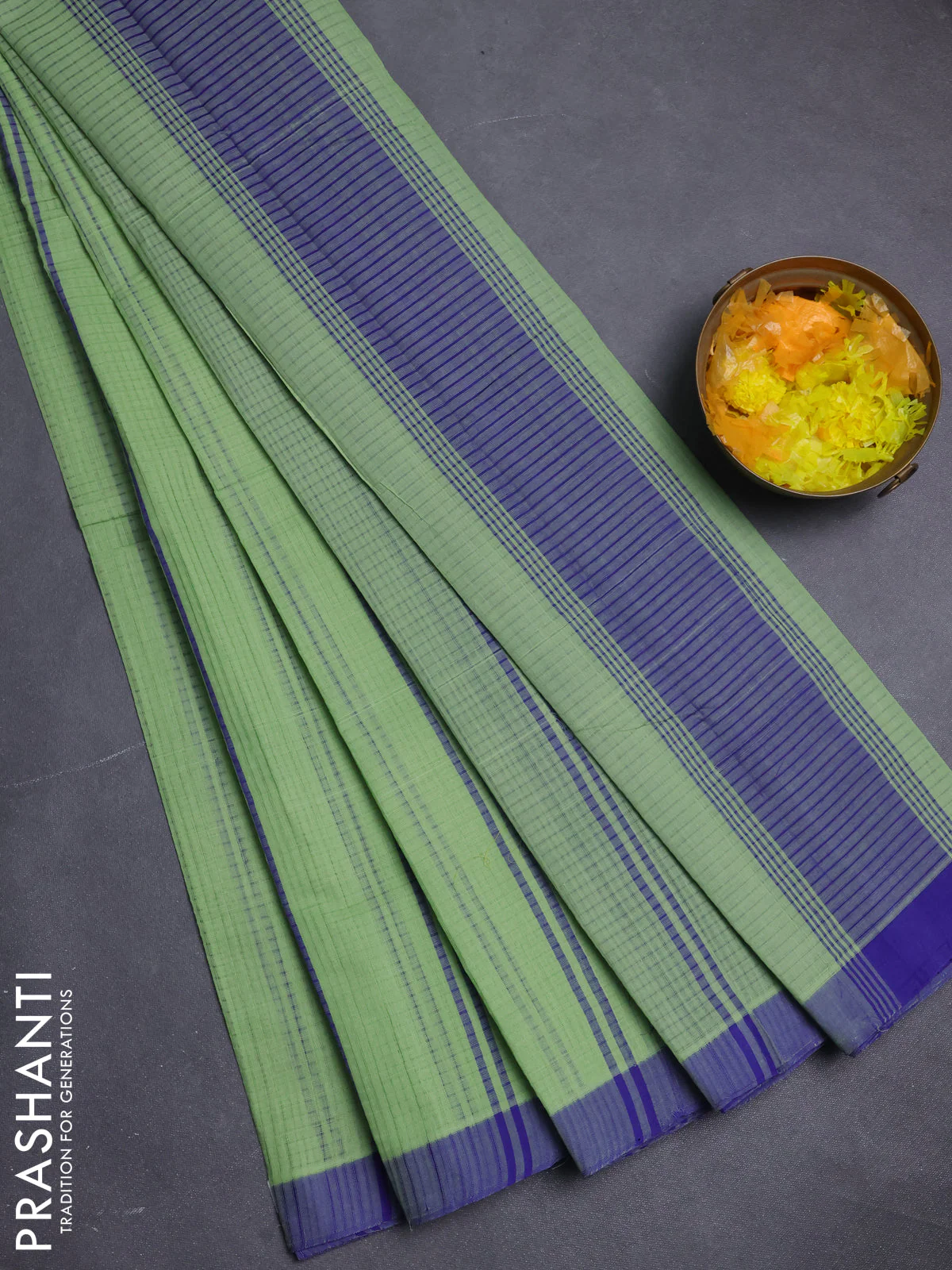 Mangalgiri cotton saree pista green and blue with stripe pattern and simple border
