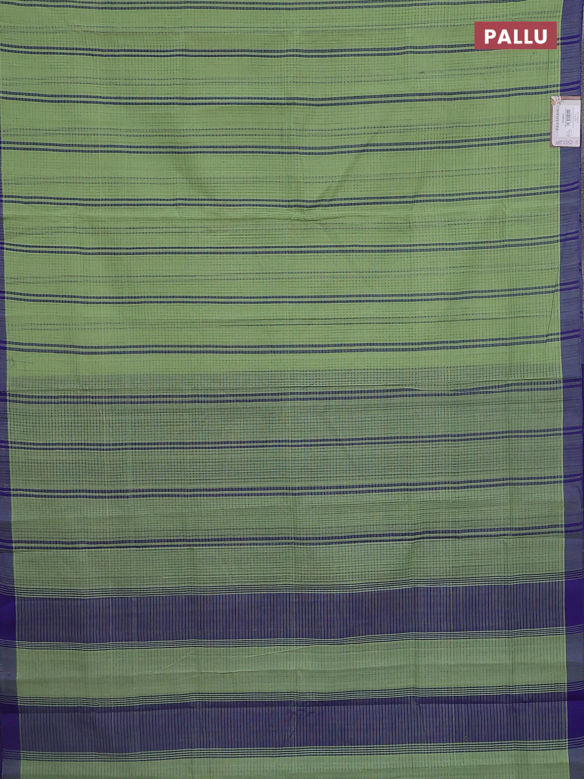 Mangalgiri cotton saree pista green and blue with stripe pattern and simple border - Image 3