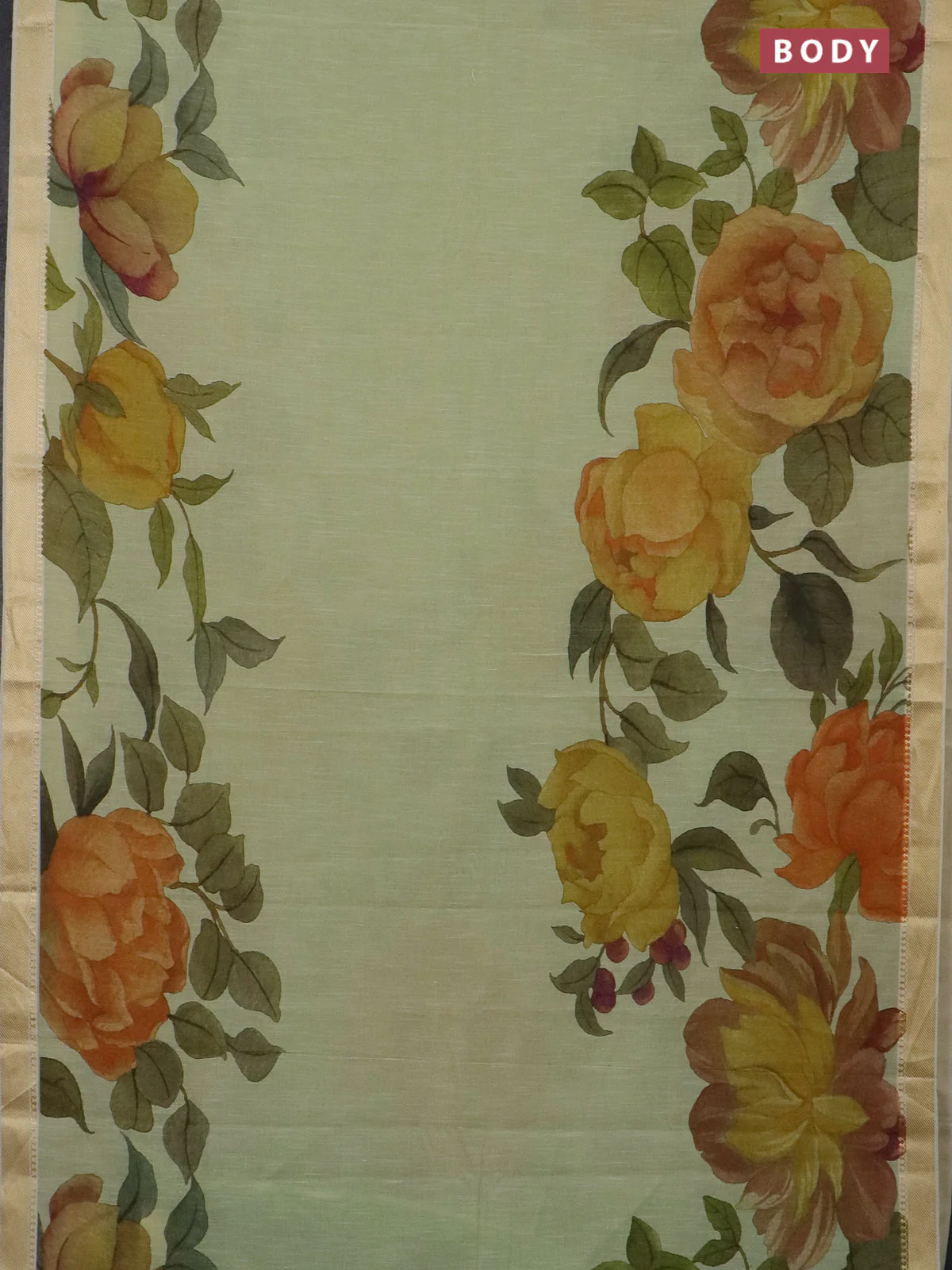 Mangalgiri cotton saree pista green and cream green with allover floral prints and thread woven border - Image 2